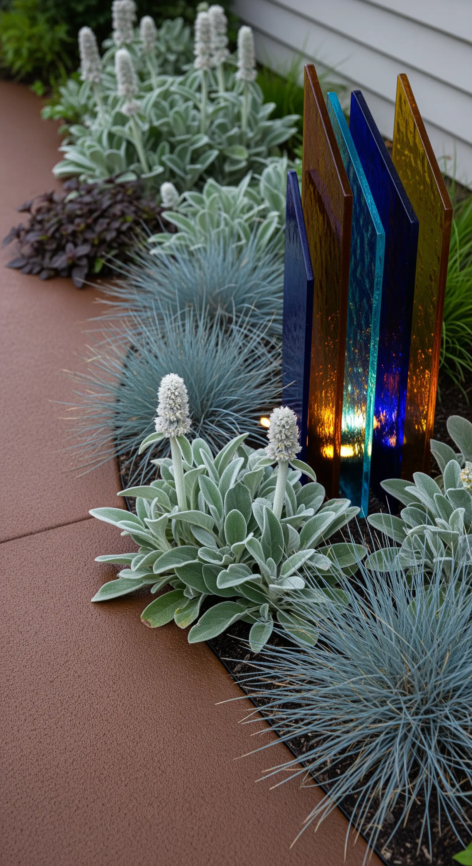 Dettaglio di pannelli scultorei in vetro colorato inseriti in un'aiuola con graminacee ornamentali.