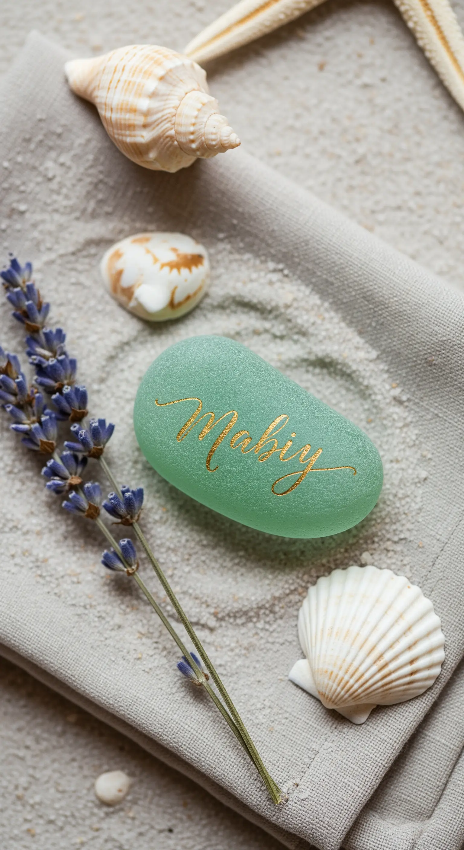 Segnaposto in vetro di mare levigato con nome calligrafico dorato e lavanda.