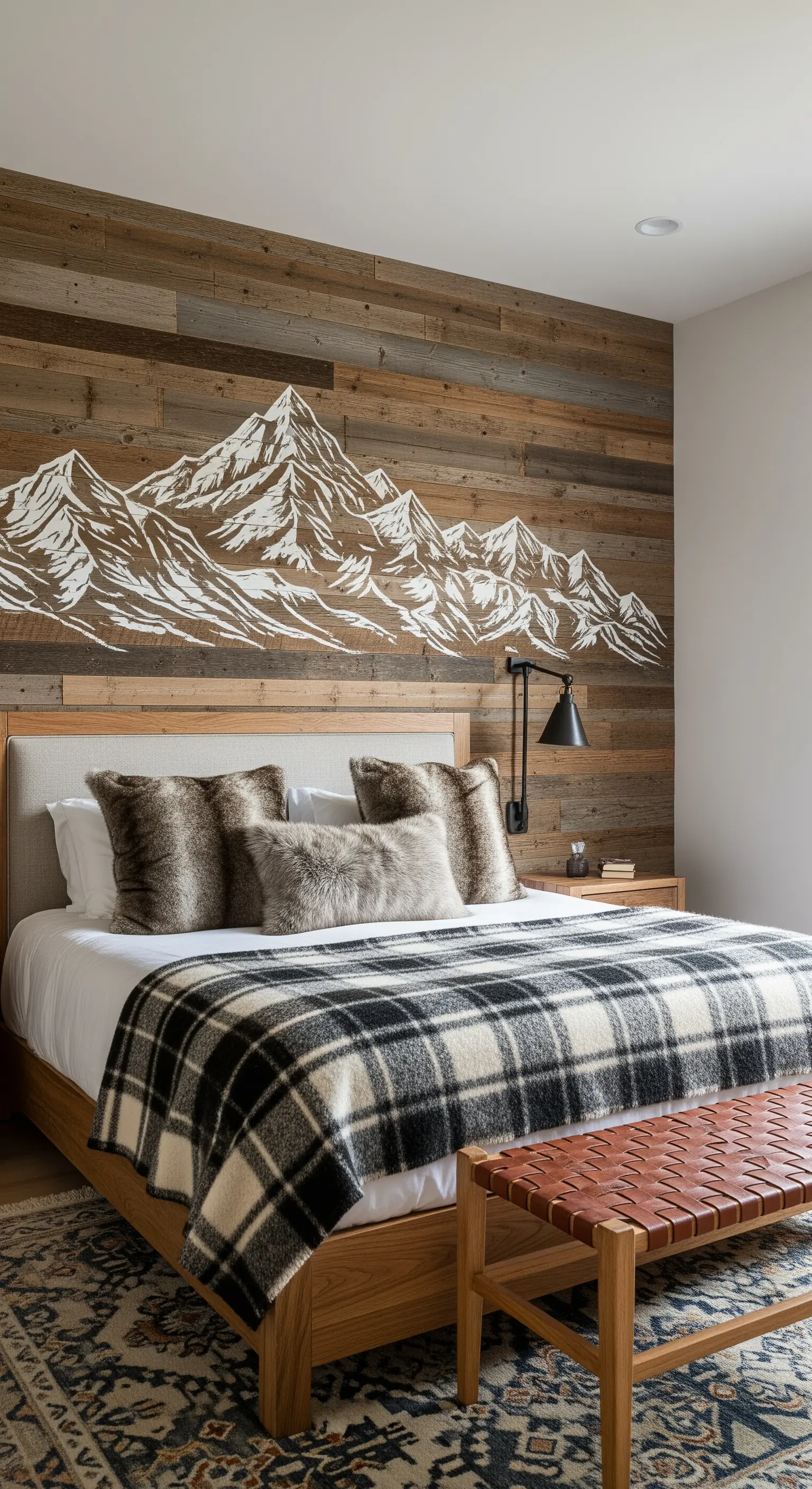 Profilo di montagne dipinto in bianco su una parete di legno recuperato in una camera da letto.