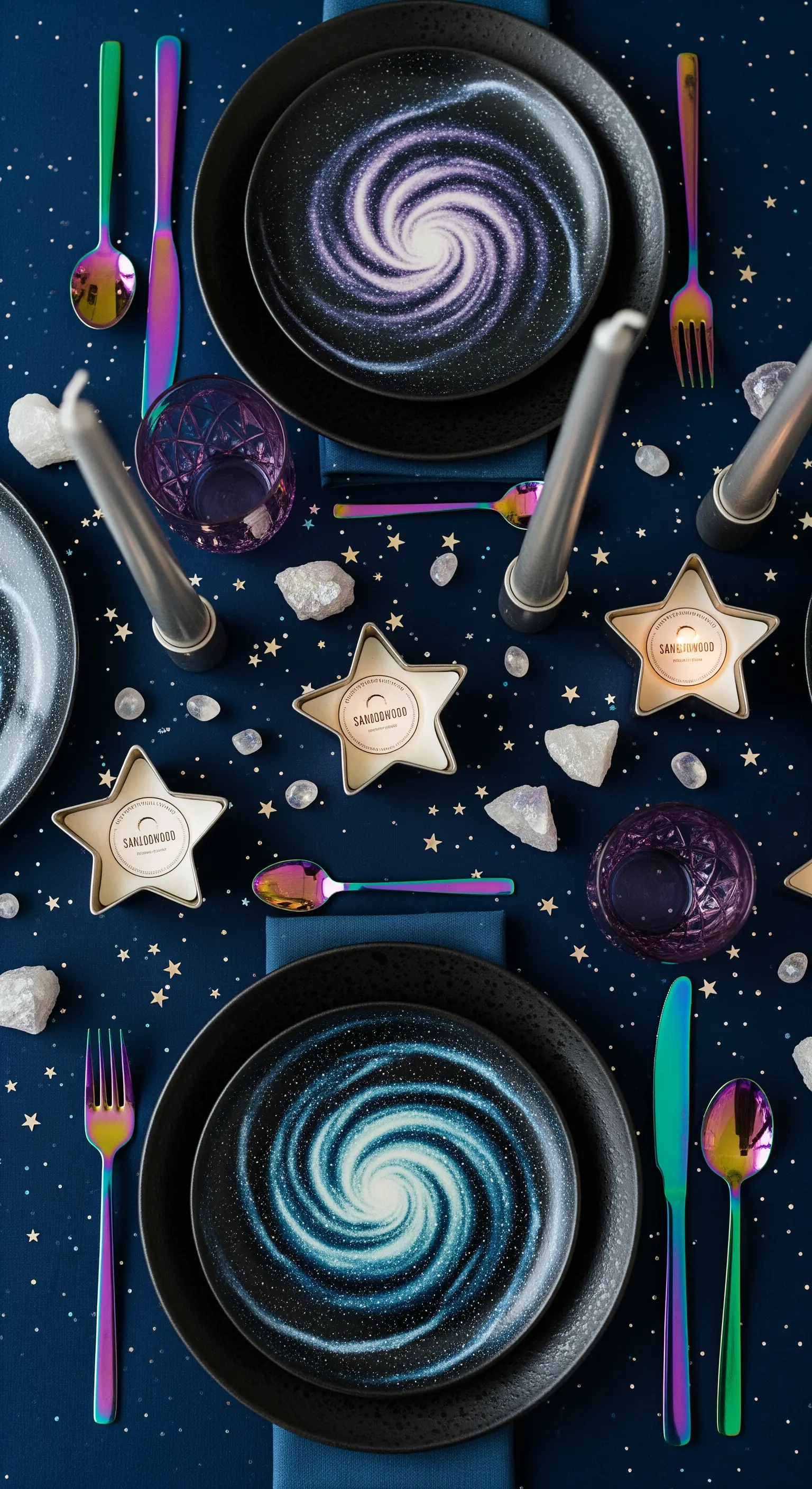 Tavola a tema galassia con piatti a spirale, posate iridescenti e candele a forma di stella