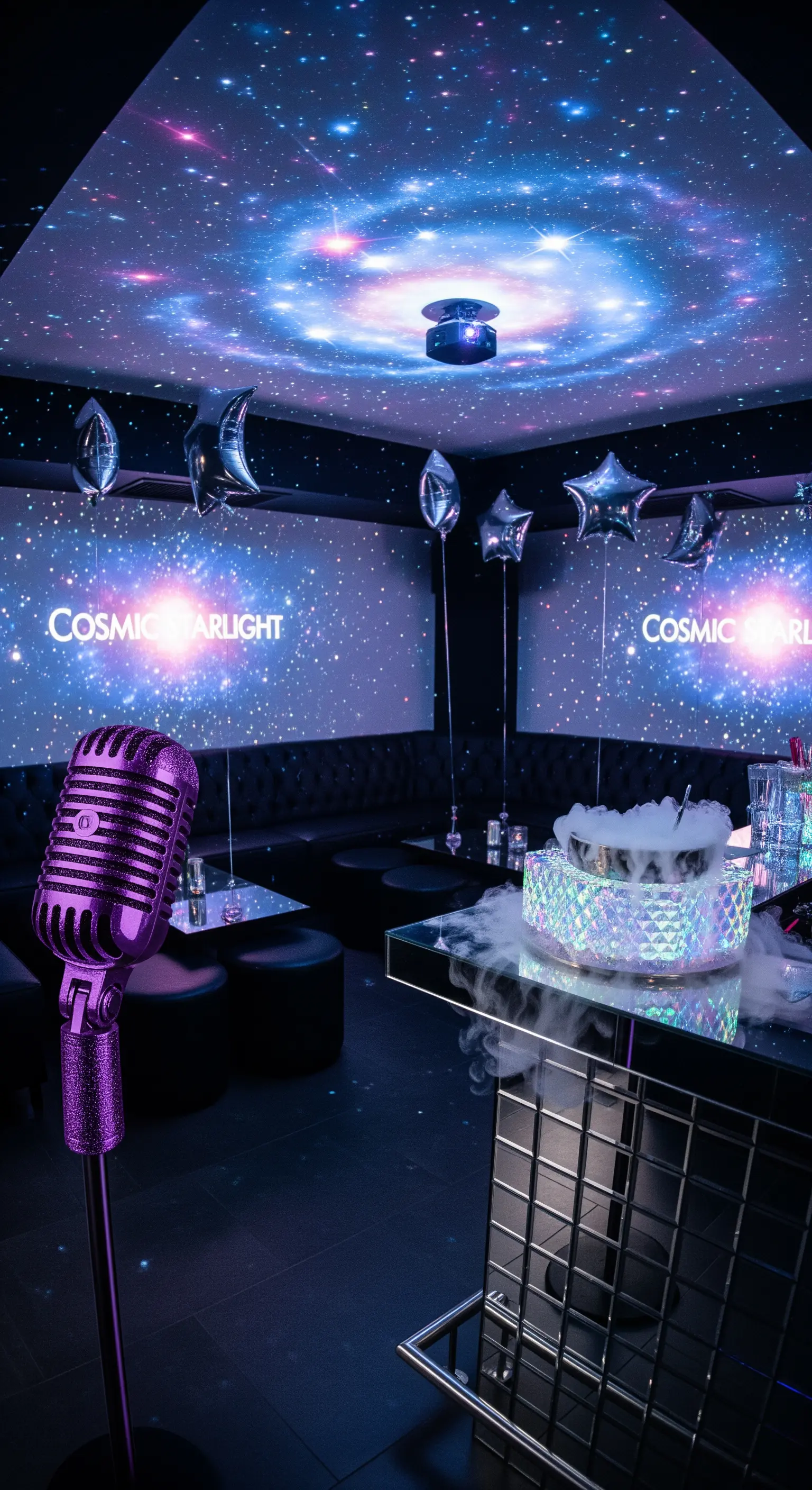 Sala karaoke con soffitto proiettato a tema galassia, microfono viola e drink con ghiaccio secco.