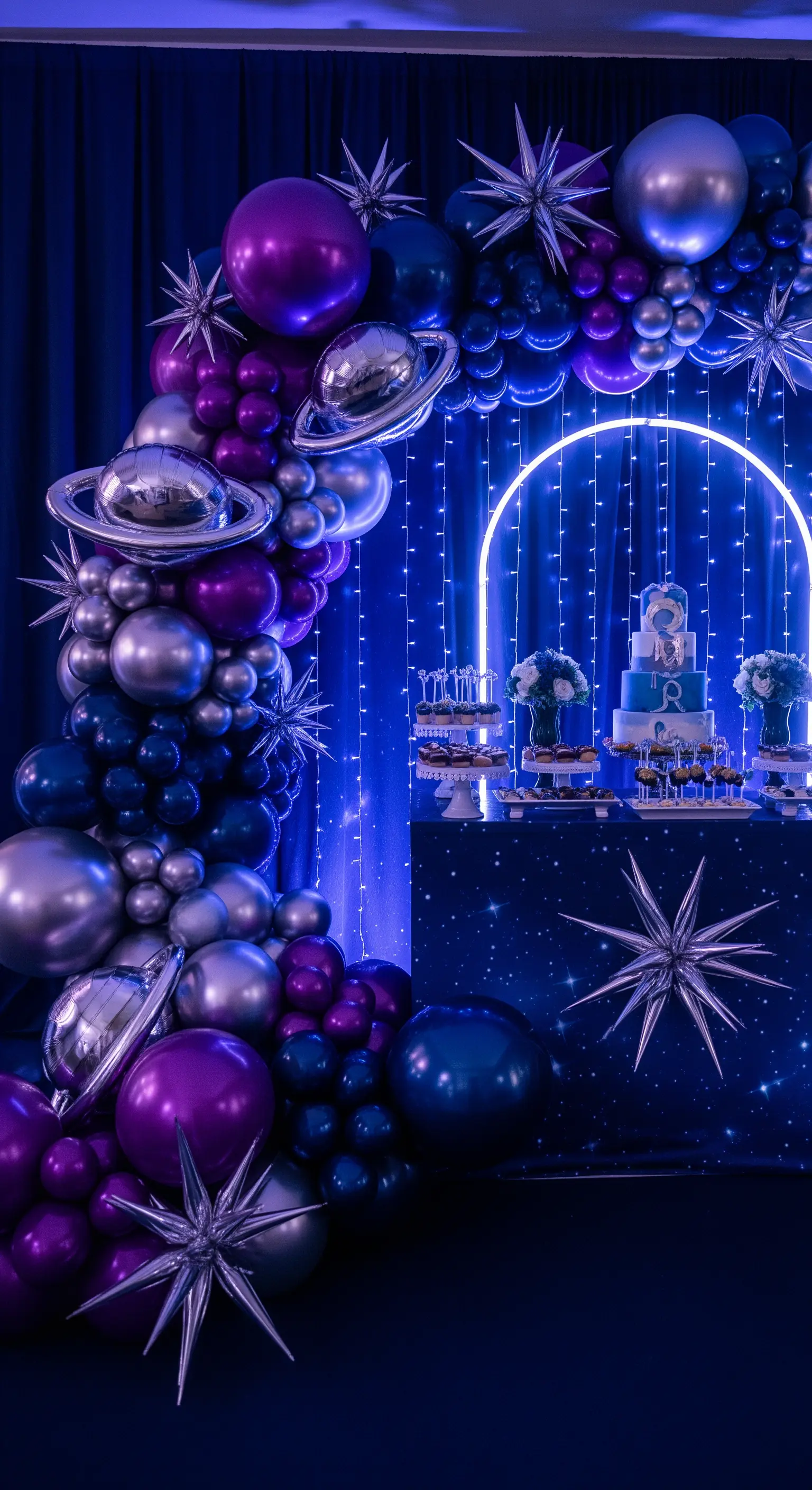 Scenografia a tema spazio con arco di palloncini metallizzati e luci al neon blu.