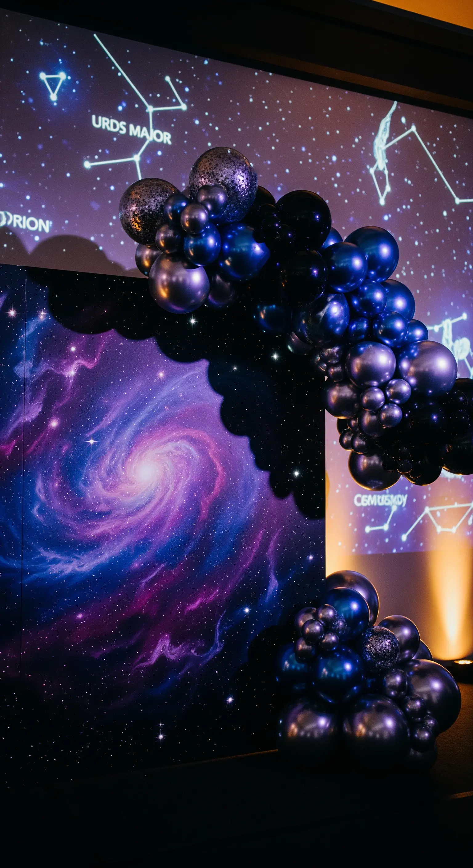 Allestimento a tema galassia con backdrop di una nebulosa e palloncini blu metallizzato.