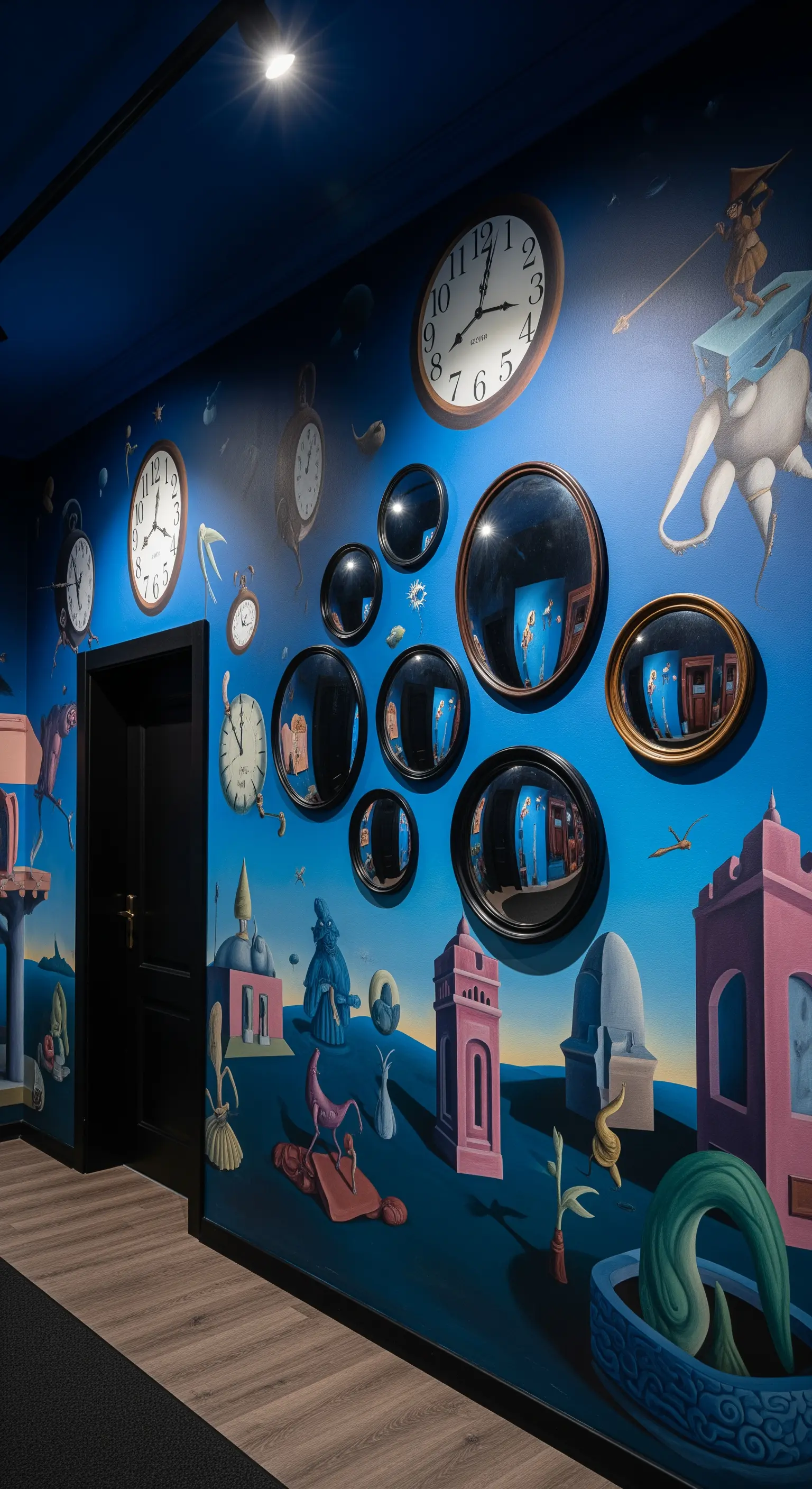 Corridoio blu con murale surreale, orologi antichi e una composizione di specchi convessi.