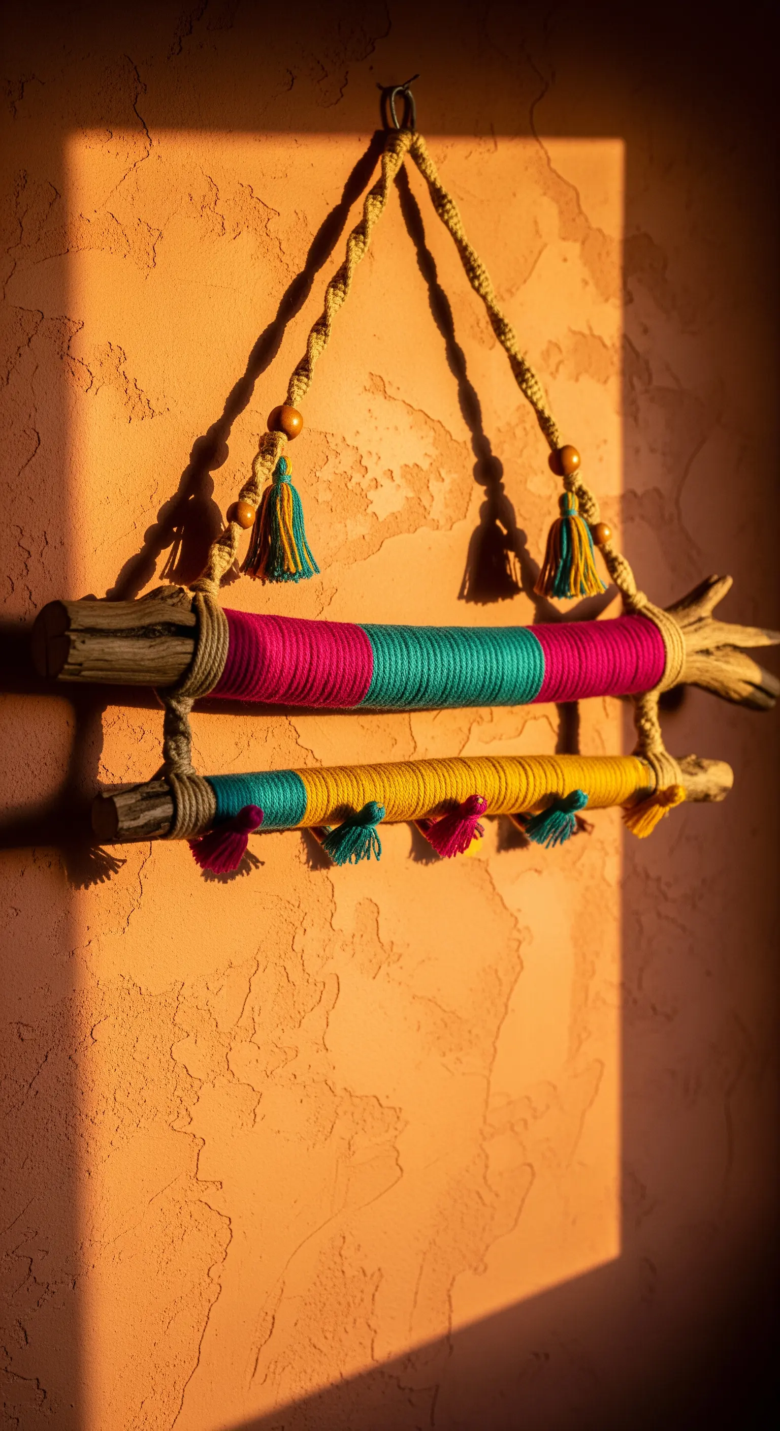 Appendiabiti a due livelli con rami avvolti in fili fucsia, turchesi e gialli.