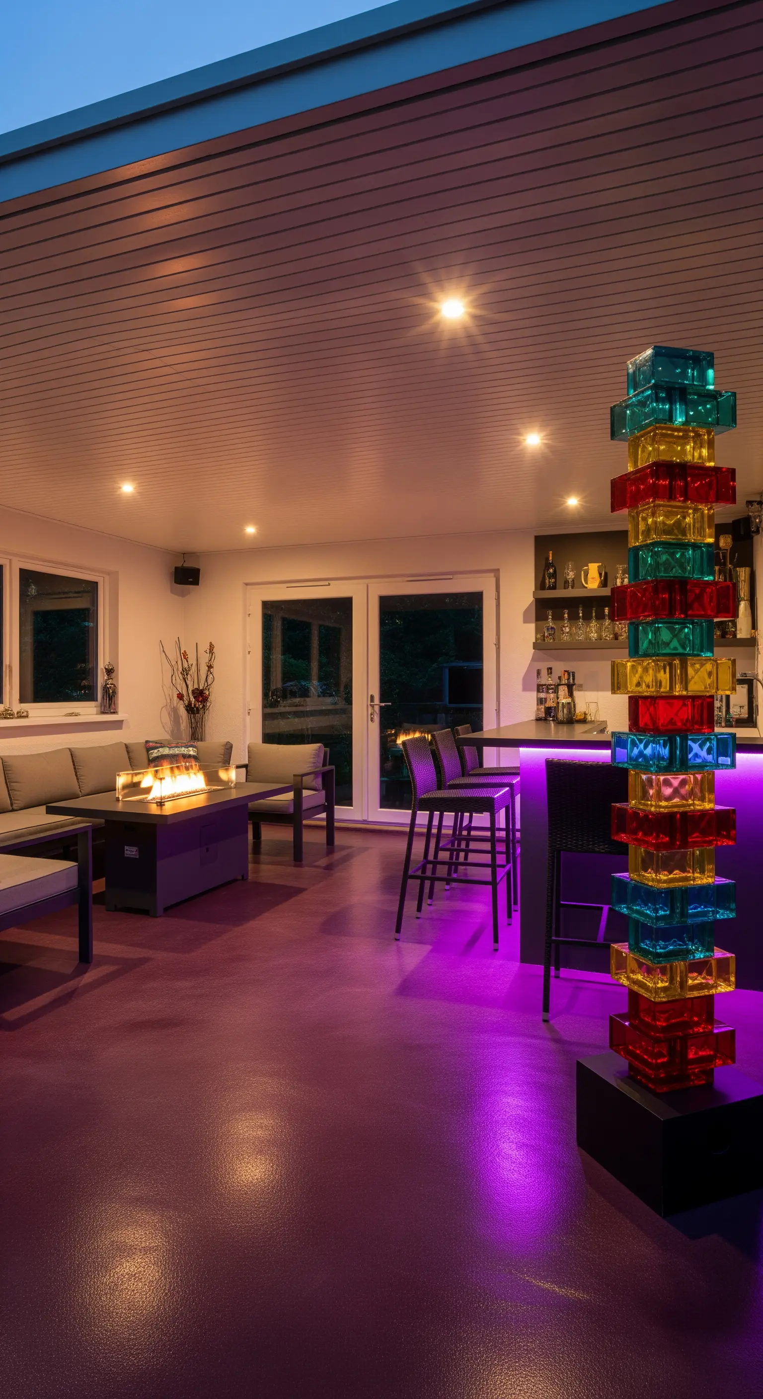 Area bar con pavimento viola, scultura in blocchi di vetro colorato e luci al neon.