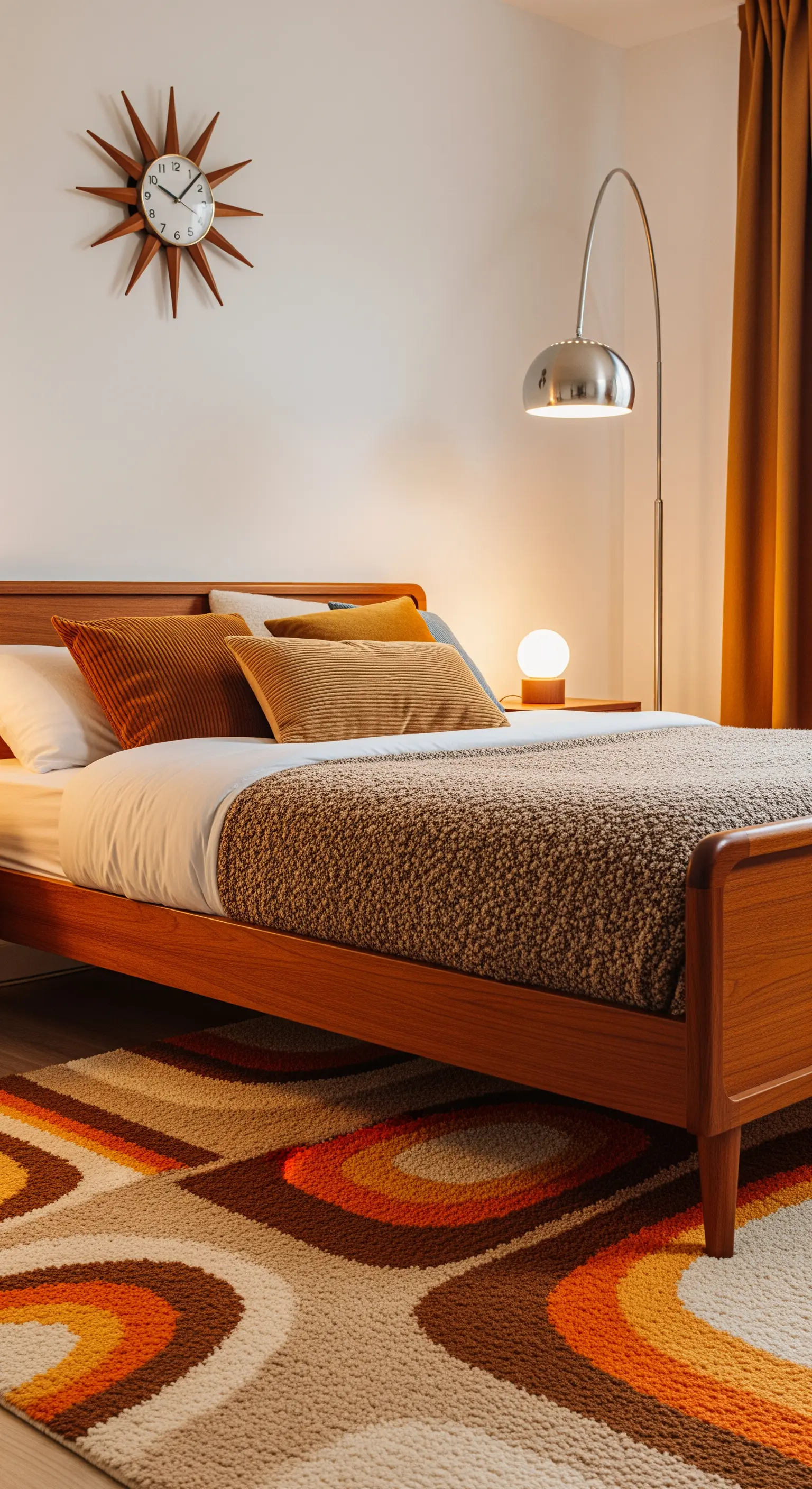 Camera da letto in stile anni '70 con mobili in legno, lampada ad arco e tappeto a motivi geometrici.