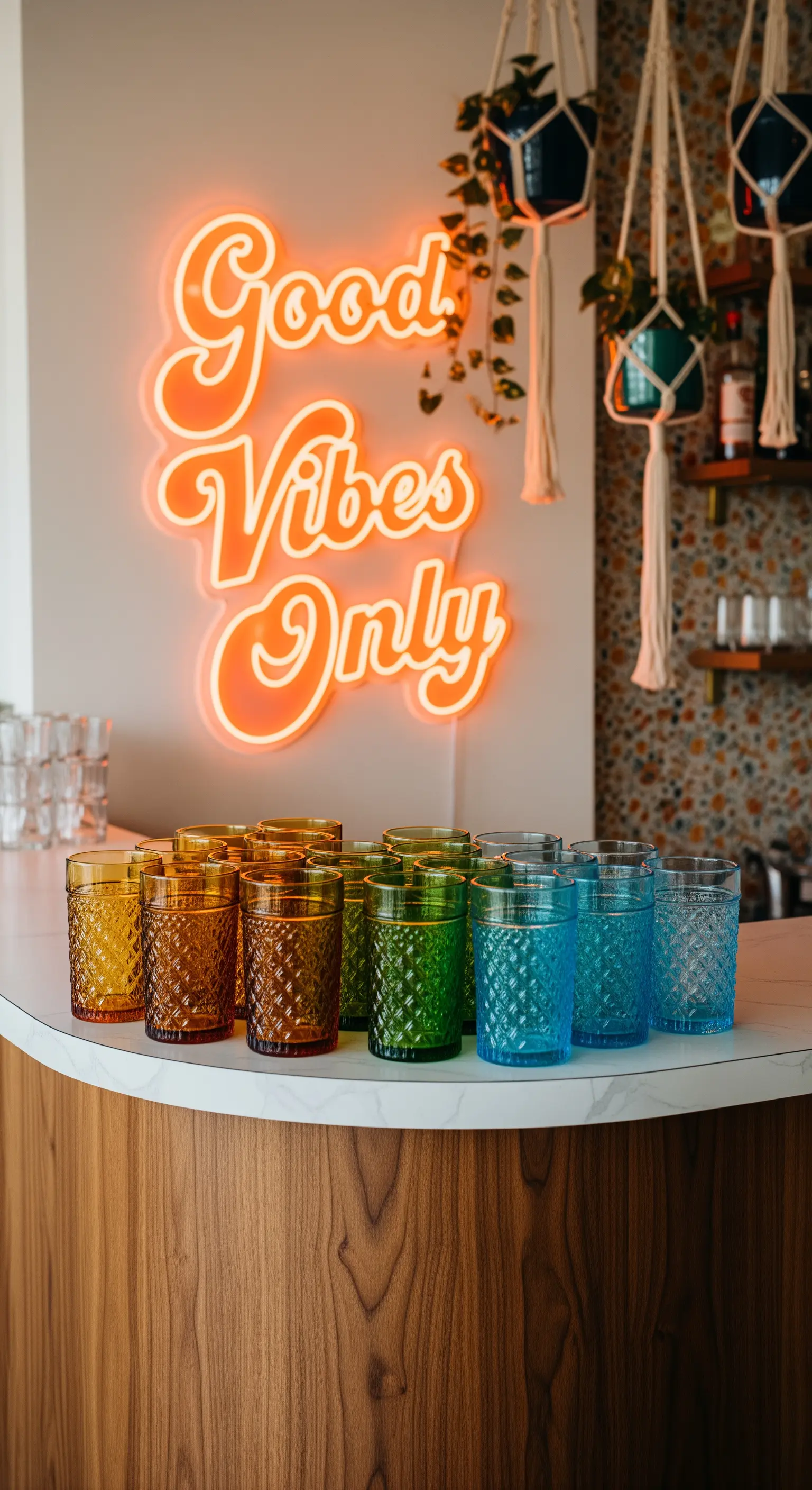 Insegna al neon arancione “Good Vibes Only” sopra a bicchieri colorati con texture a rombi.