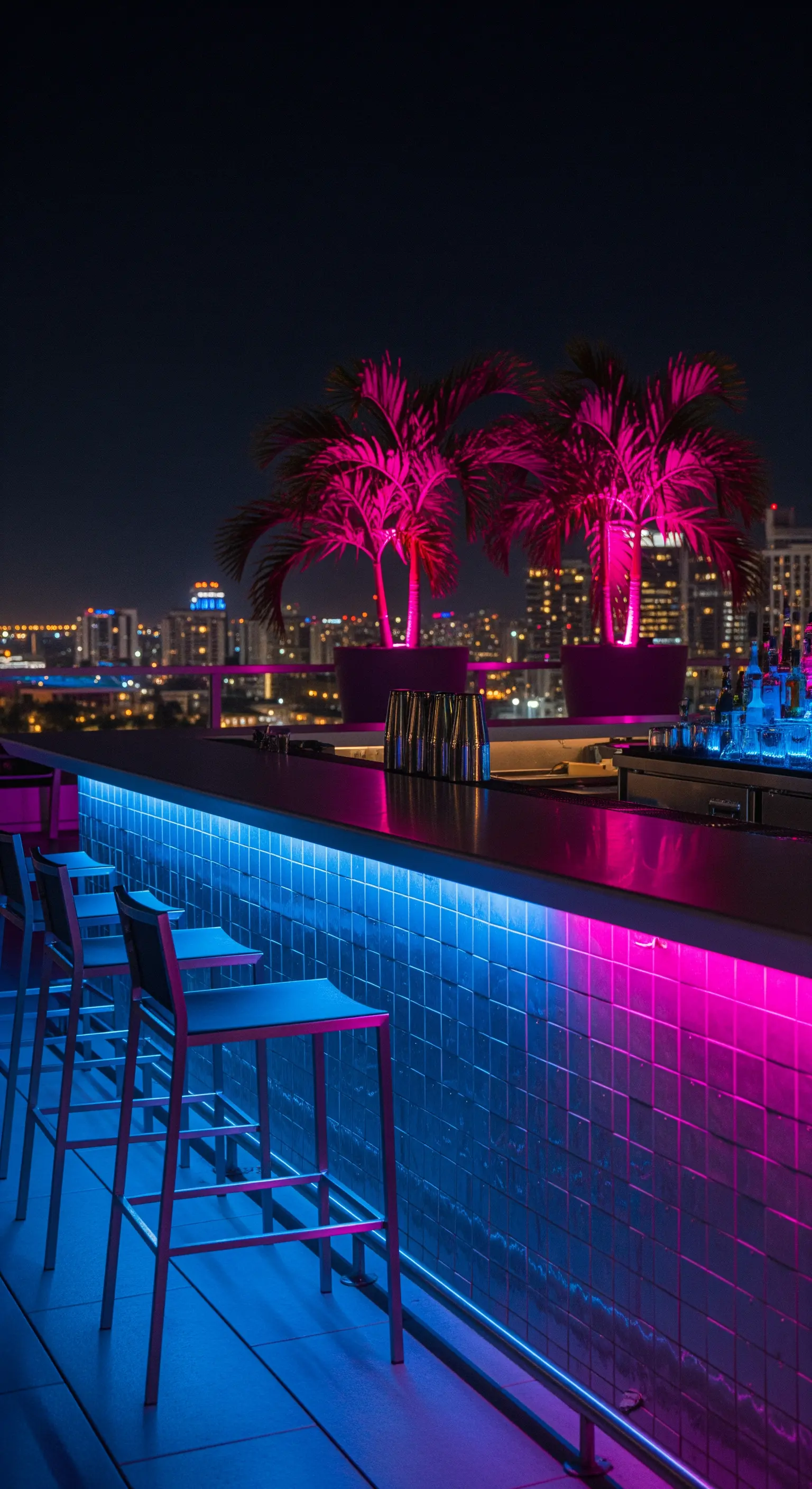 Bancone di un bar illuminato da strisce LED blu e fucsia, con palme retroilluminate.