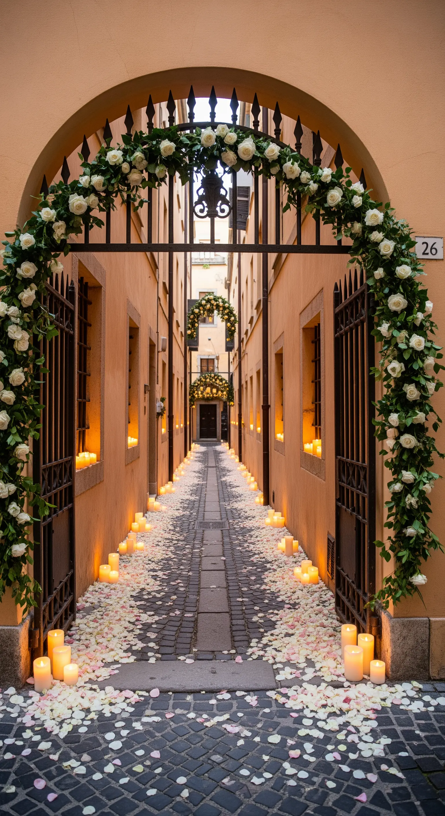 Stretto vicolo illuminato da file di candele a terra e decorato con petali di rosa.