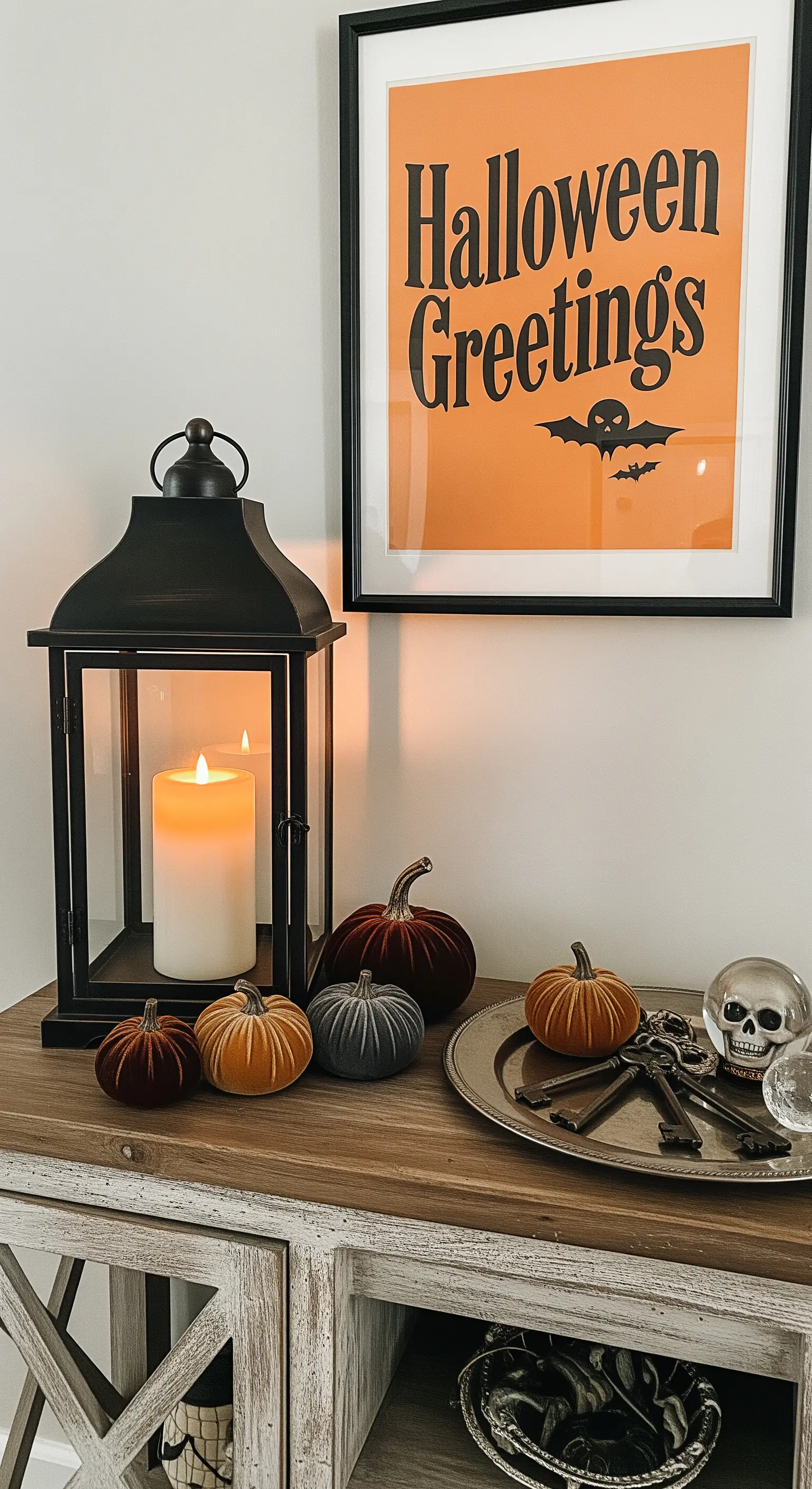 Consolle in legno con lanterna, poster arancione di Halloween, zucche in velluto e chiavi antiche.