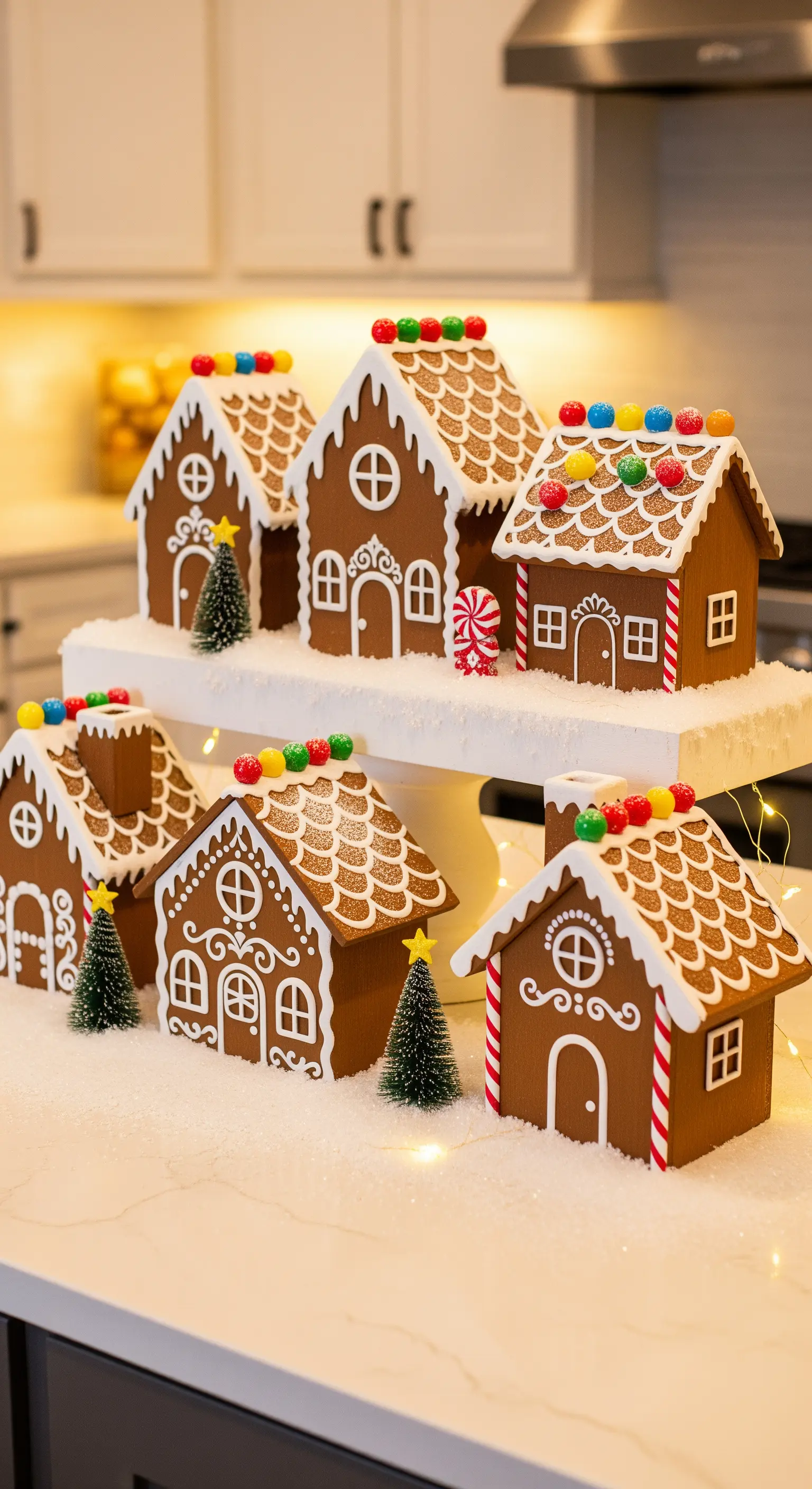 Villaggio natalizio composto da casette di pan di zenzero decorate con glassa e caramelle.