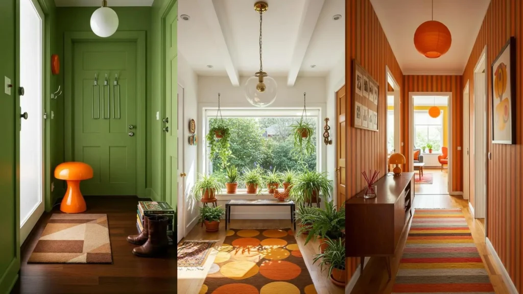 Ingressi anni '70 con colori caldi, lampade retrò arancioni, mobili scuri in legno e piante, per uno stile vintage accogliente.