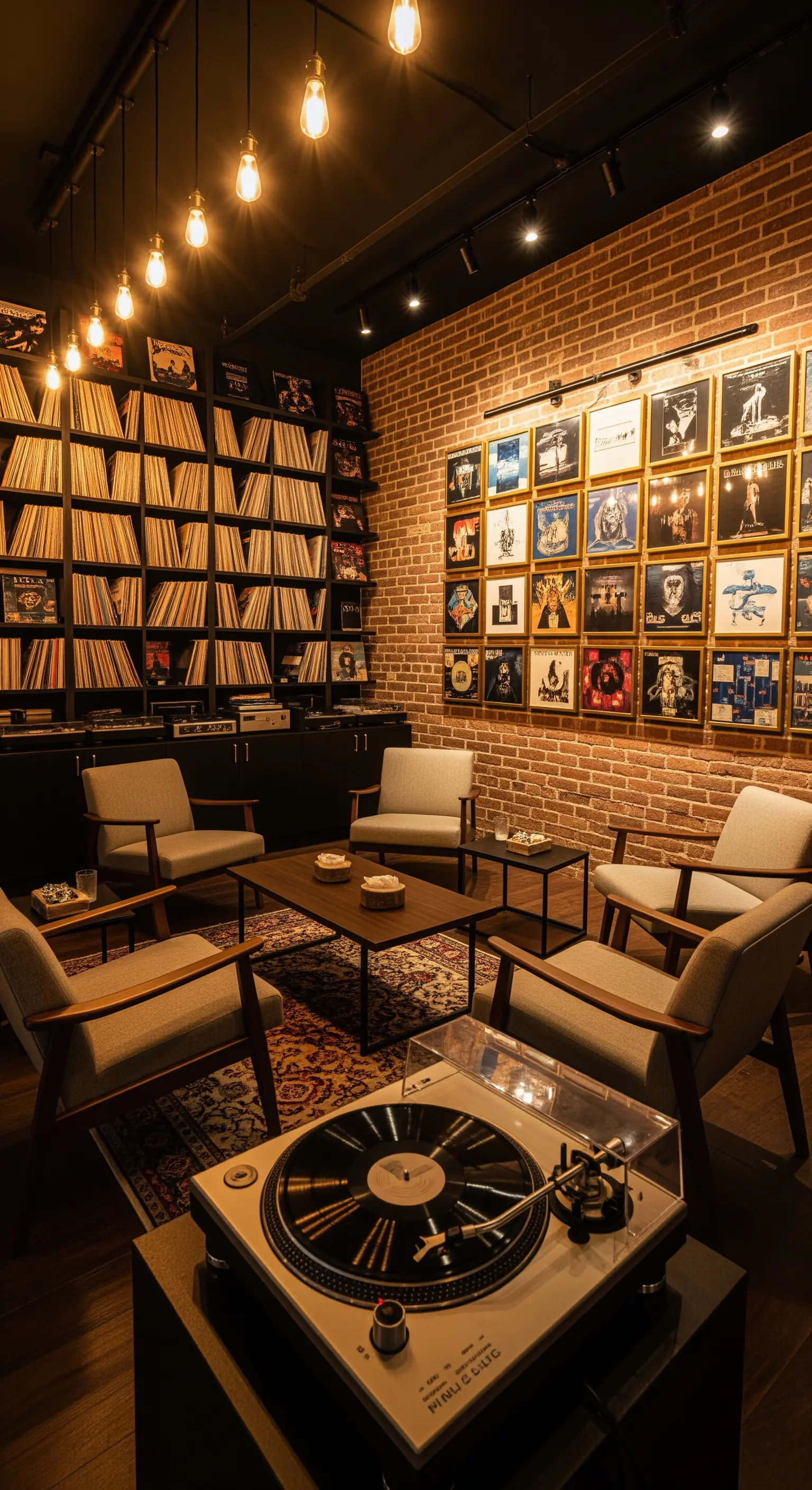 Angolo di ascolto con pareti di mattoni, scaffali pieni di vinili, giradischi e poltrone di design.