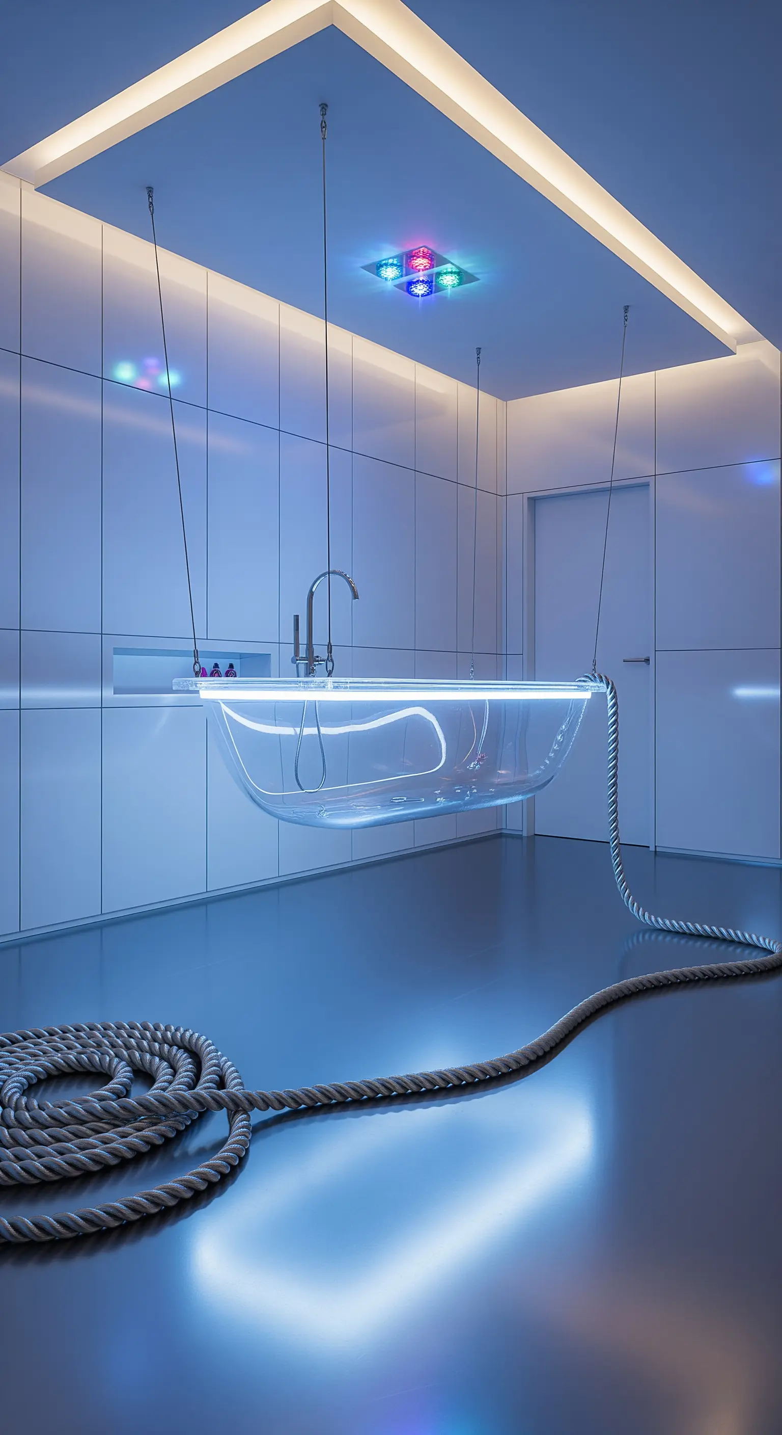 Vasca trasparente sospesa con illuminazione al neon blu in un bagno minimalista e futuristico.