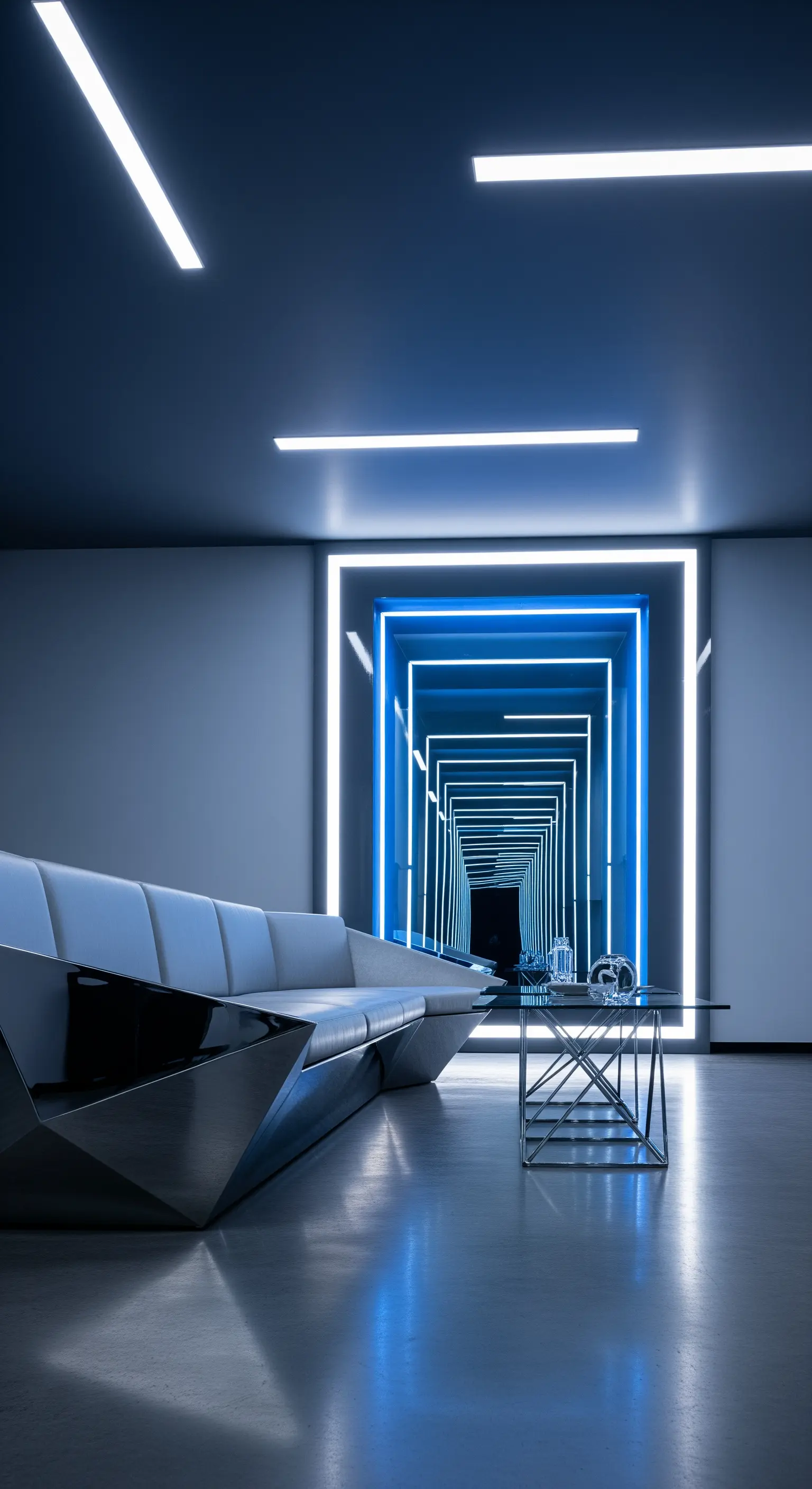 Spazio futuristico con divano in metallo e corridoi di luce LED blu creati con specchi