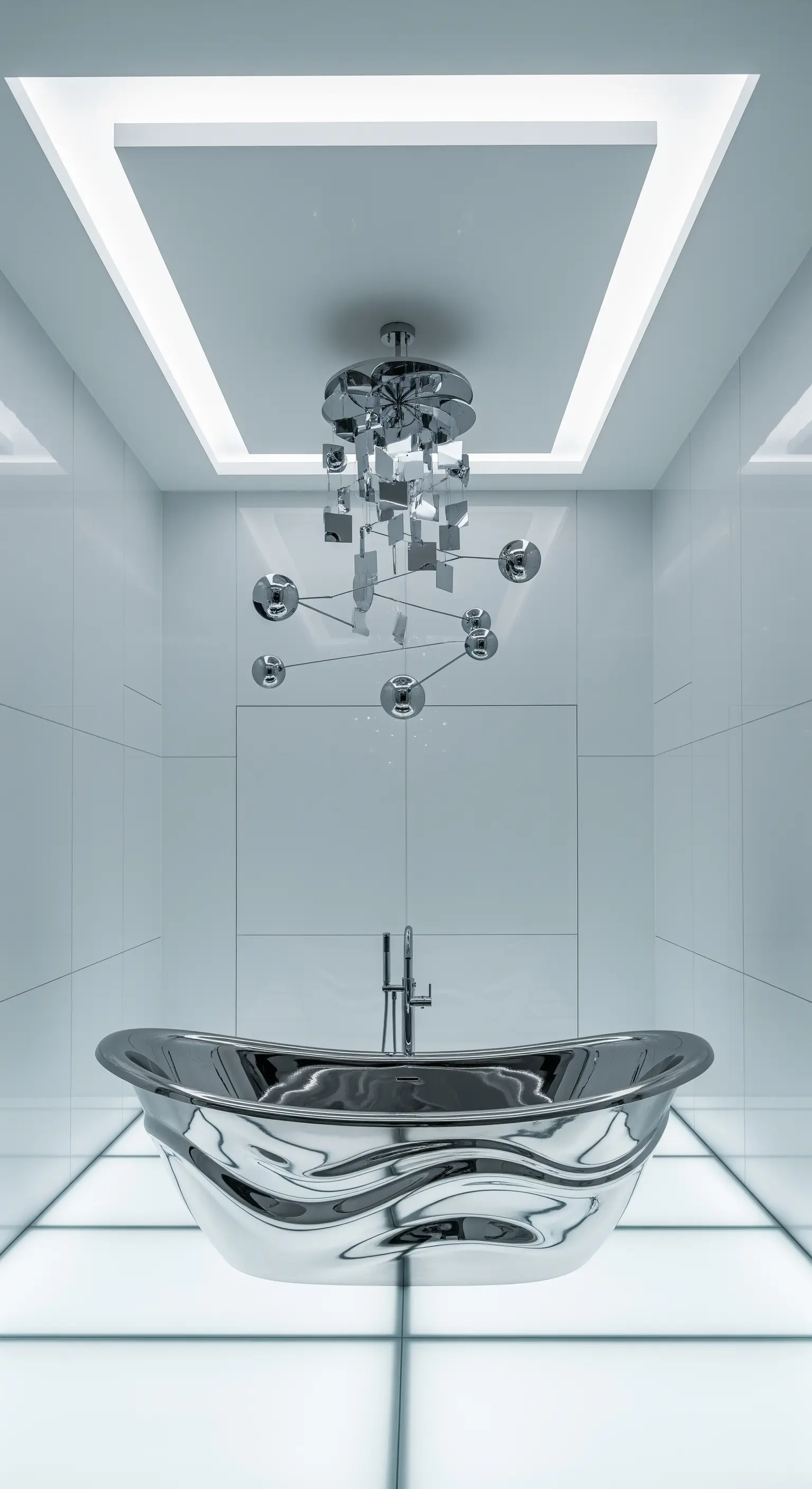 Bagno futuristico con vasca e lampadario in cromo lucido e pavimento illuminato.