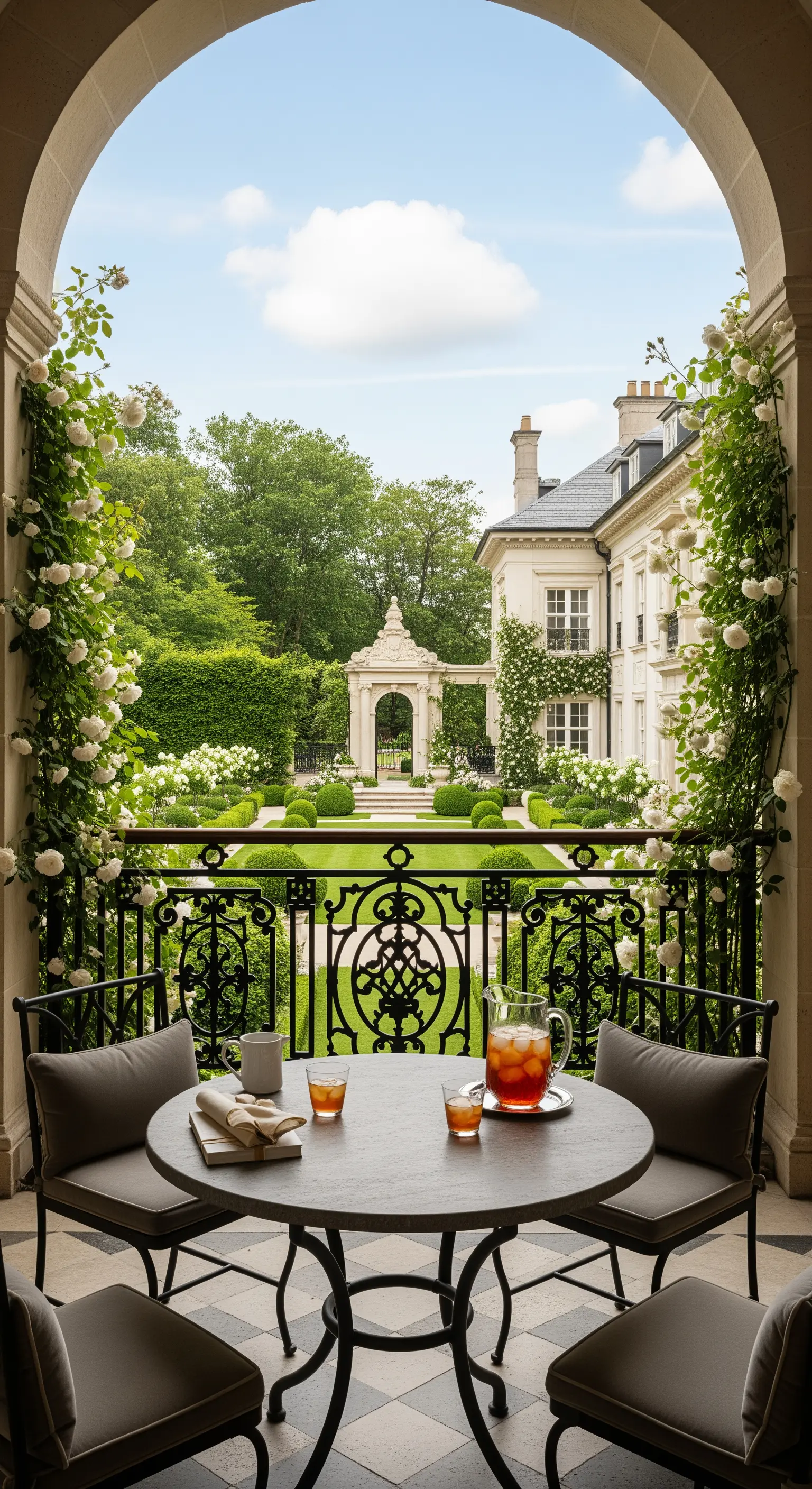 Balcone con vista su un giardino formale, tavolo rotondo e sedie con cuscini grigi