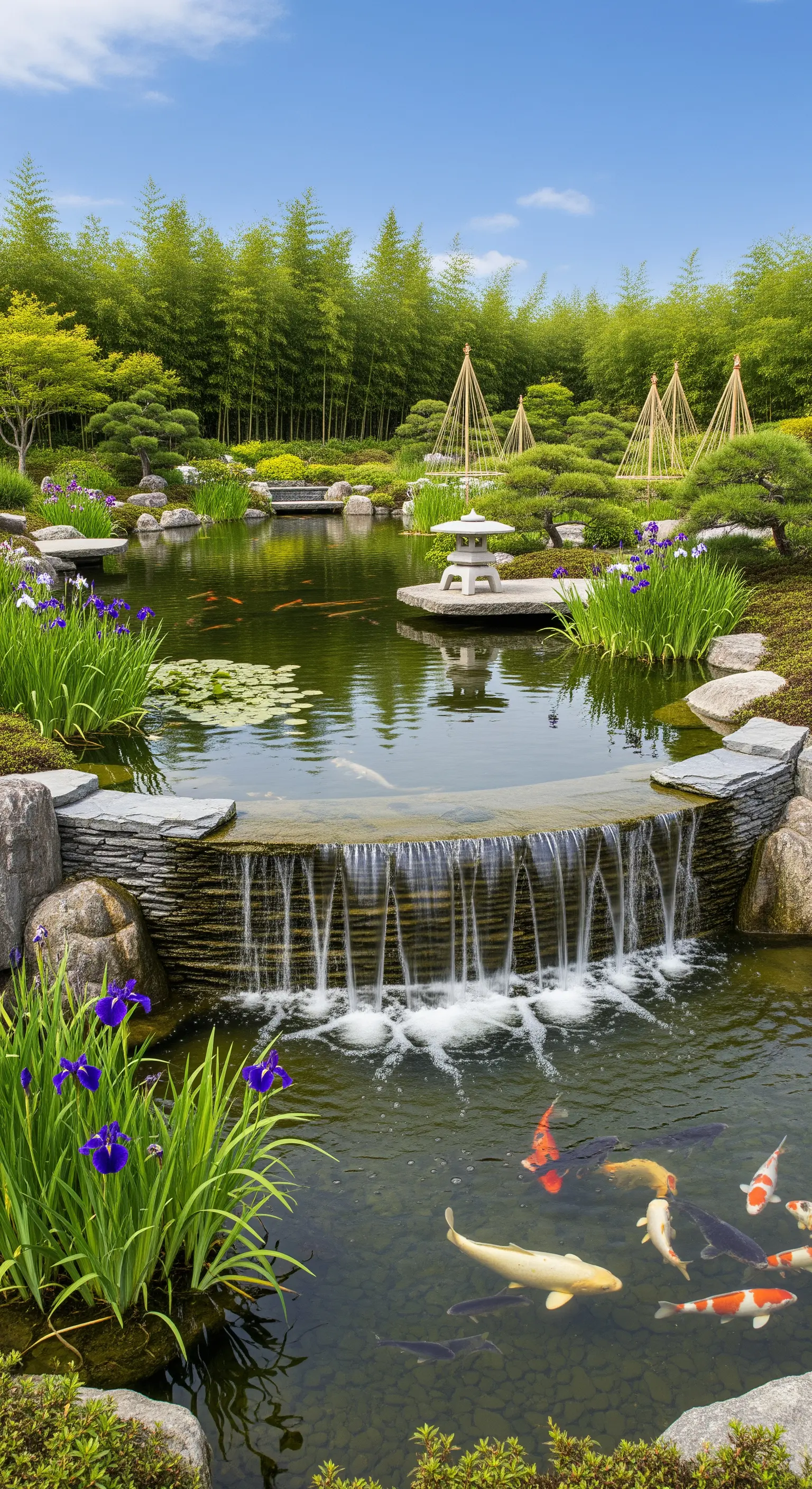 Laghetto zen con carpe koi colorate, una cascata e fiori di iris viola.