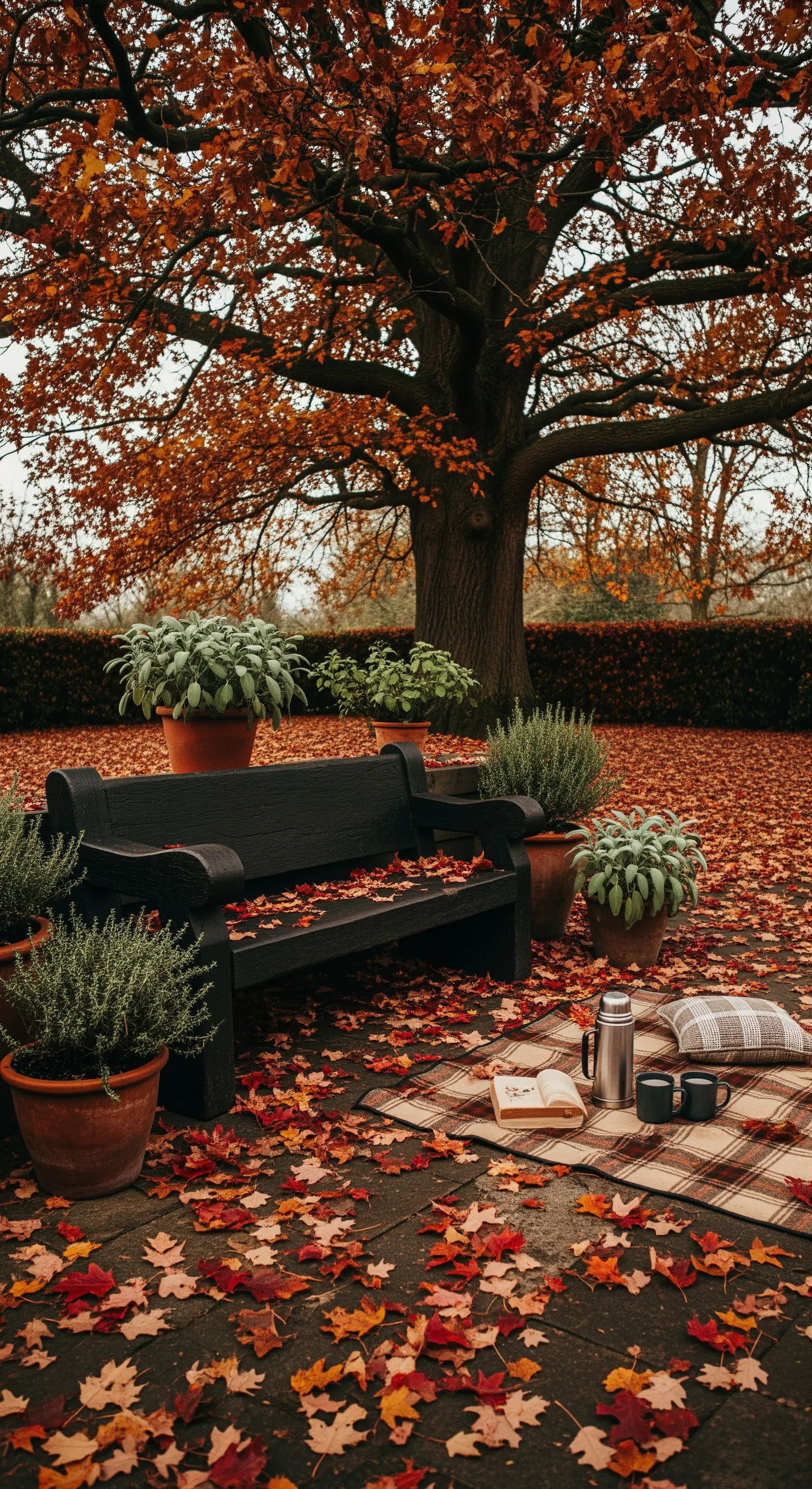 Panchina scura in un patio autunnale coperto di foglie, con vasi di salvia e rosmarino.