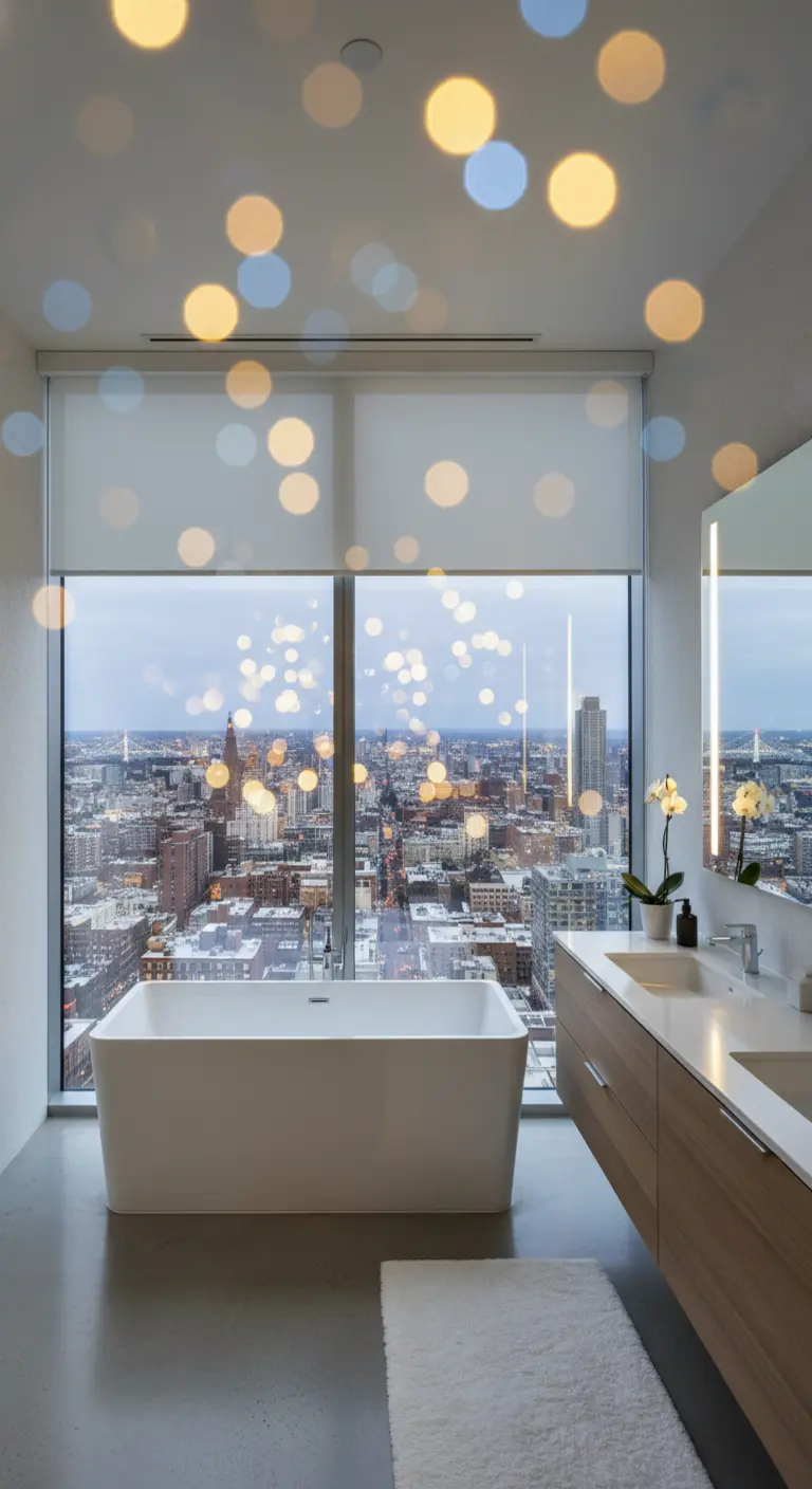 Bagno moderno con vista sulla città da una finestra a tutta parete e una vasca bianca freestanding.
