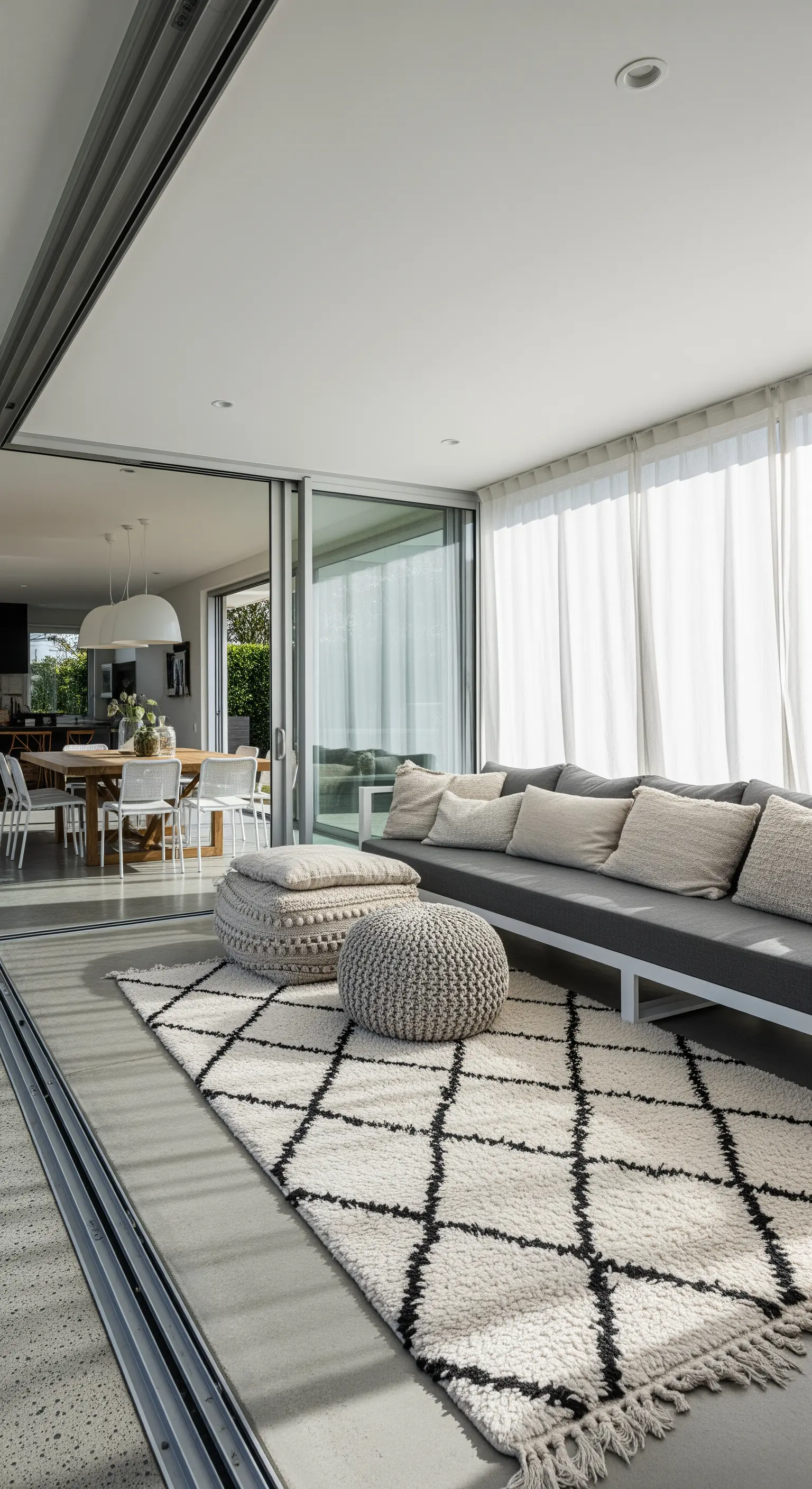 Spazio di transizione interno-esterno con divano grigio, pouf in maglia e tappeto berbero.