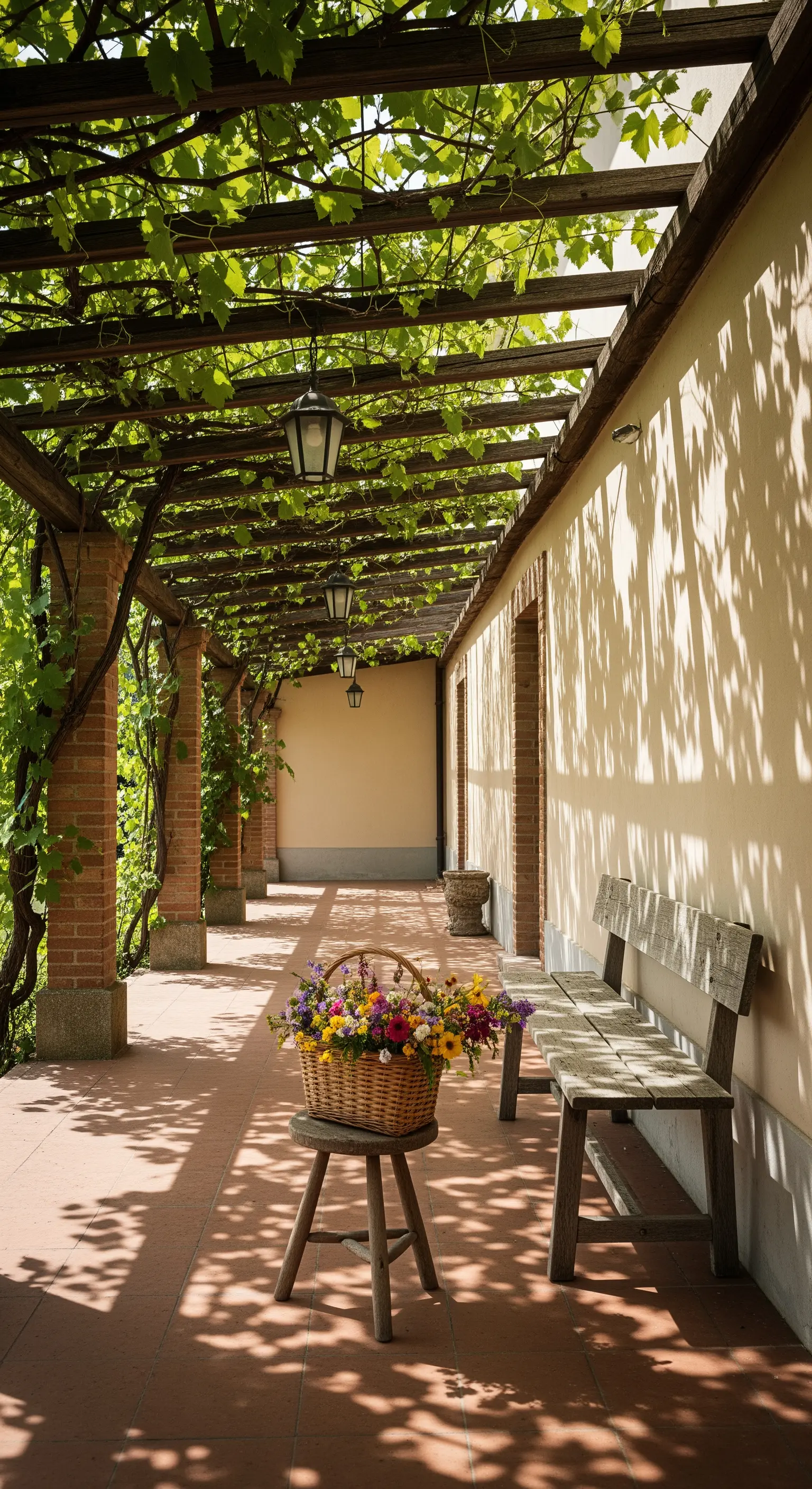 Portico con pergola ricoperta di vite, panca in legno e un cesto di fiori su uno sgabello.