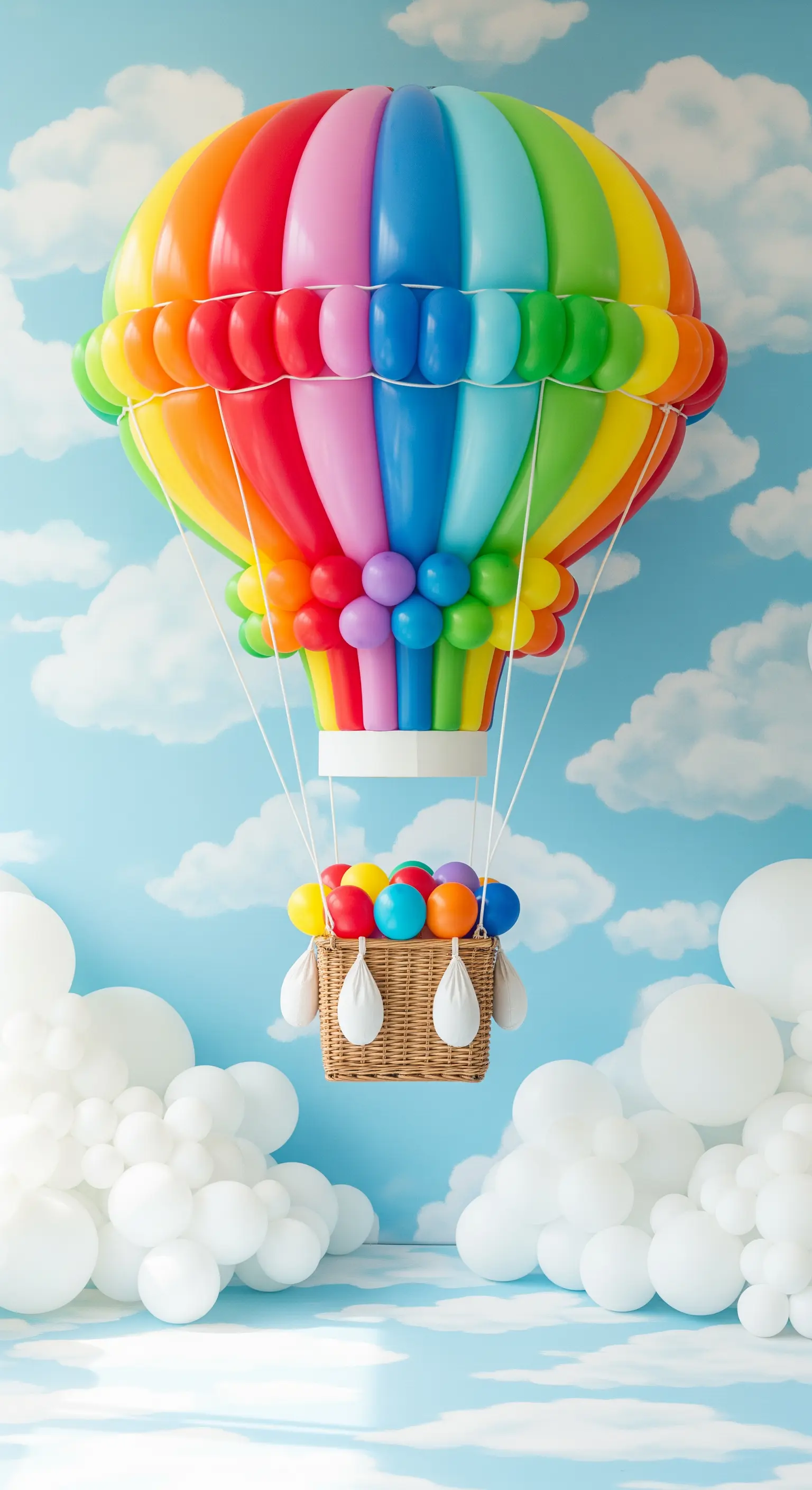 Scultura di mongolfiera realizzata con palloncini colorati su sfondo di nuvole.