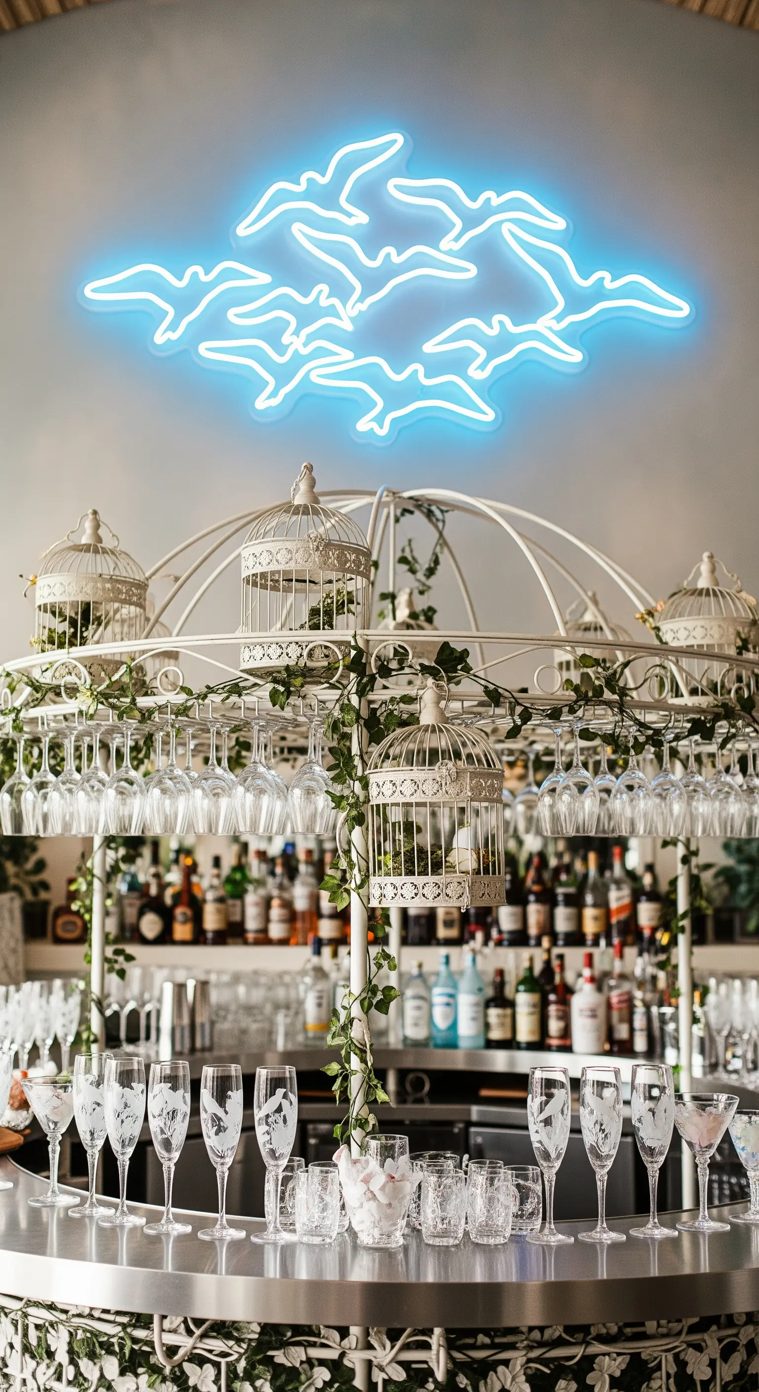 Neon azzurro a forma di uccelli in volo sopra a un bar a forma di voliera bianca.