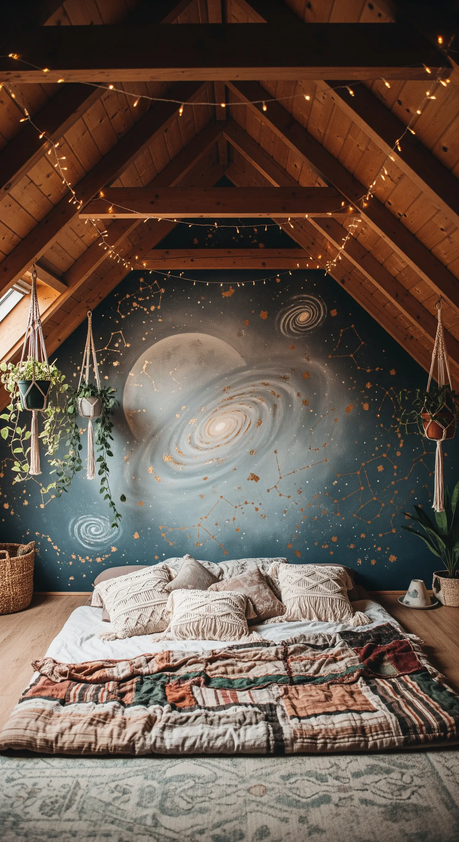 Camera da letto in mansarda con un murale di una galassia sulla parete e luci a stringa.