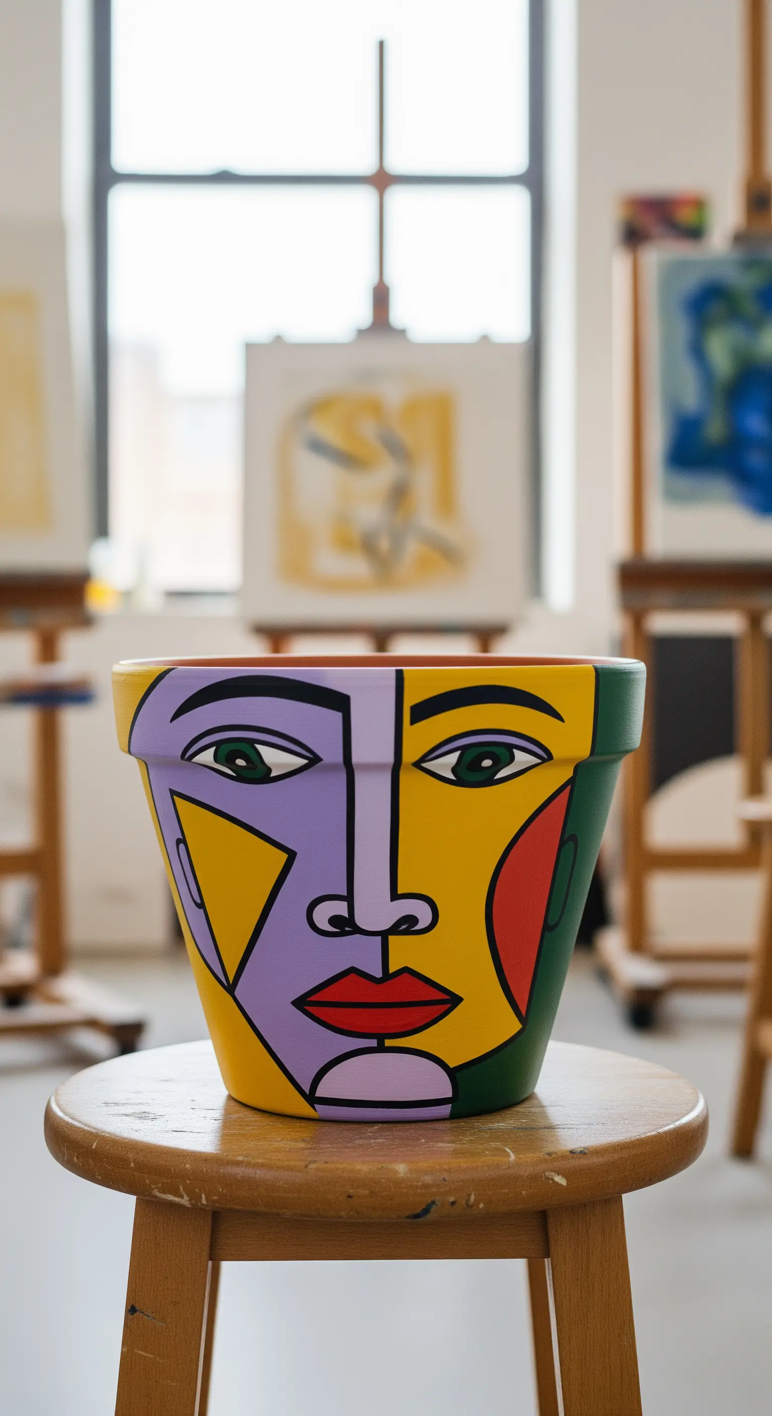 Vaso dipinto con un volto stilizzato in stile cubista, con blocchi di colore viola, giallo e verde.