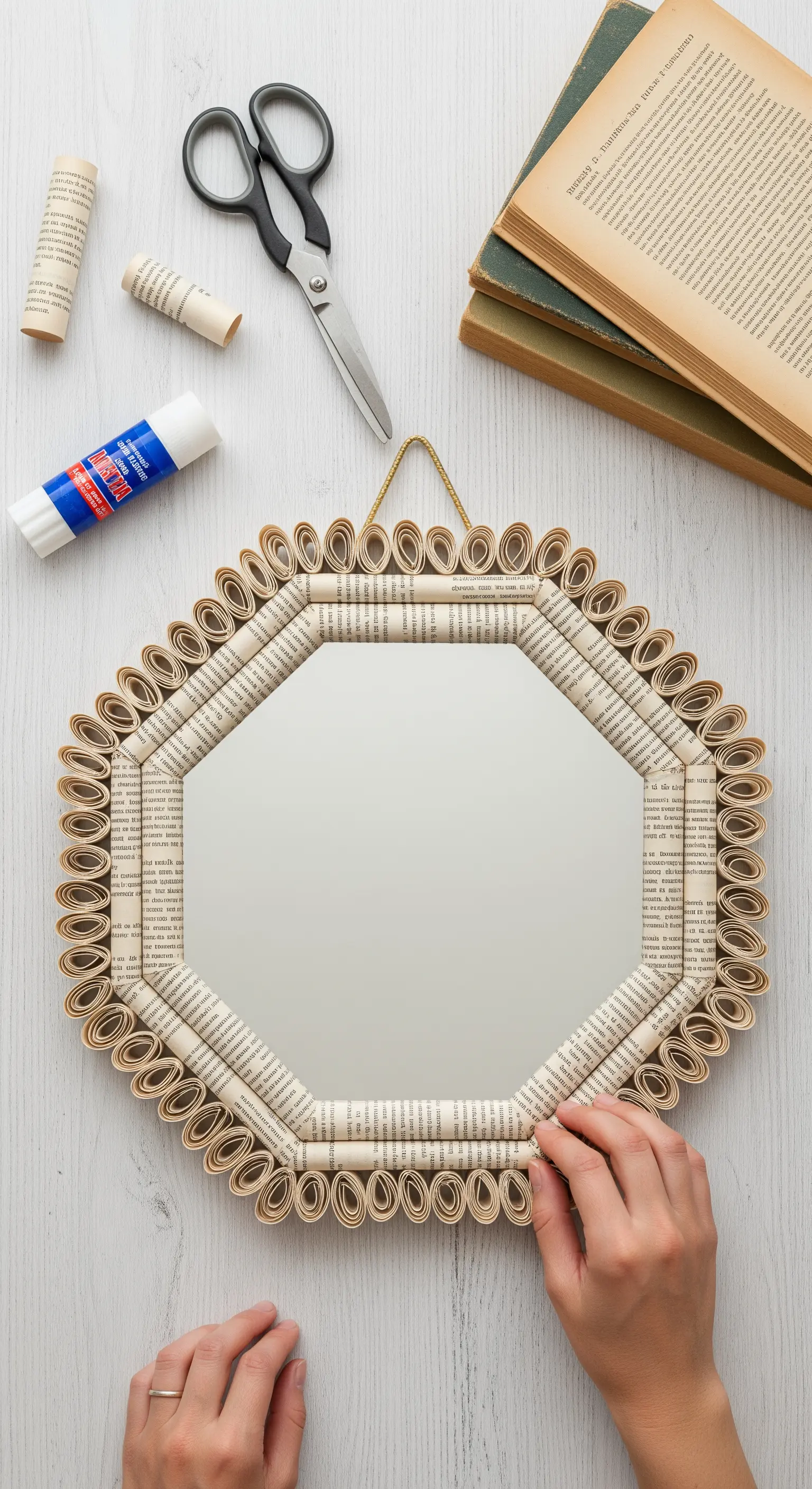 Creazione di una cornice per specchio ottagonale con strisce di pagine di libro arrotolate.
