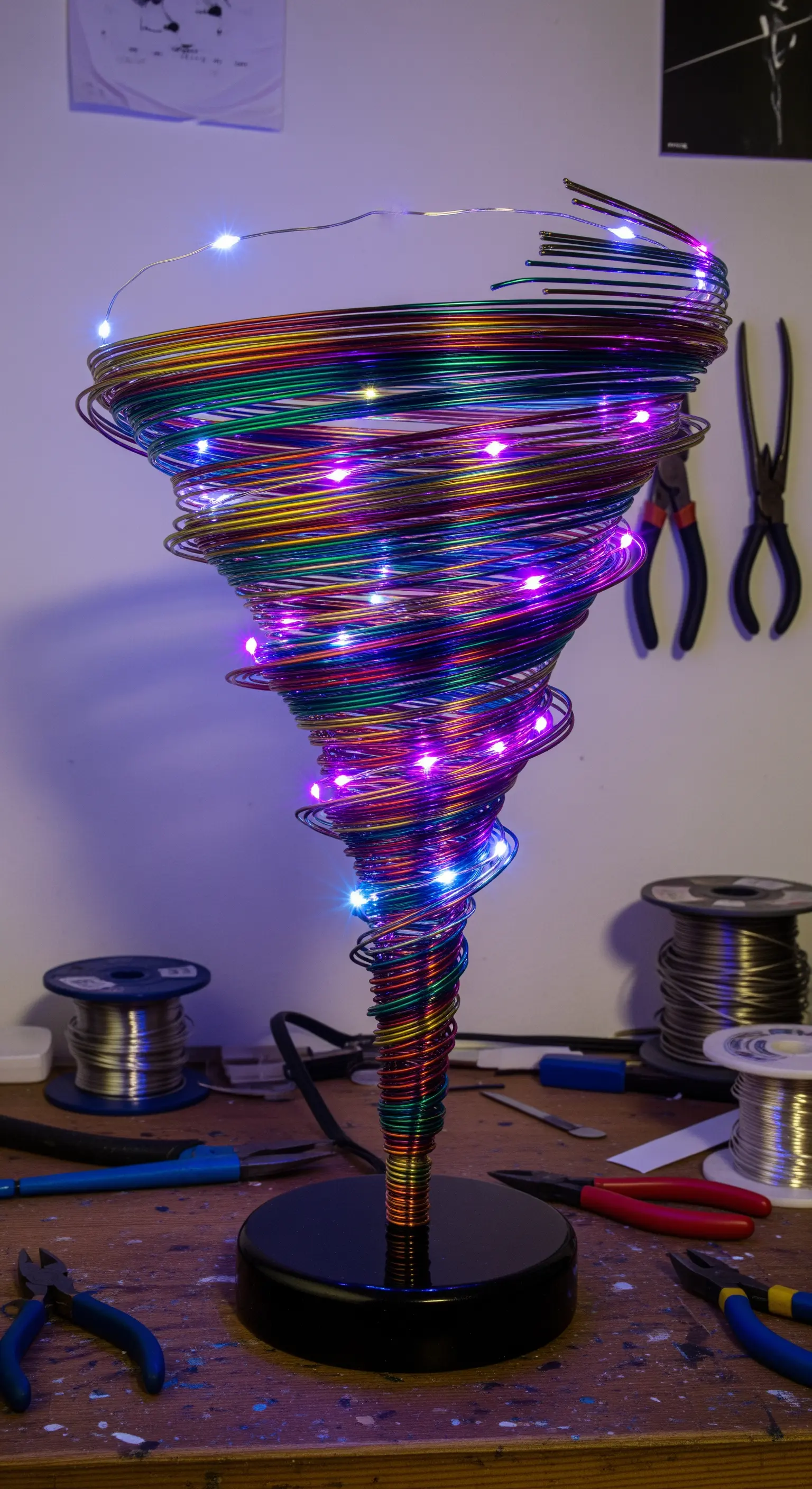 Scultura a forma di tornado realizzata con fili metallici colorati e luci LED viola.