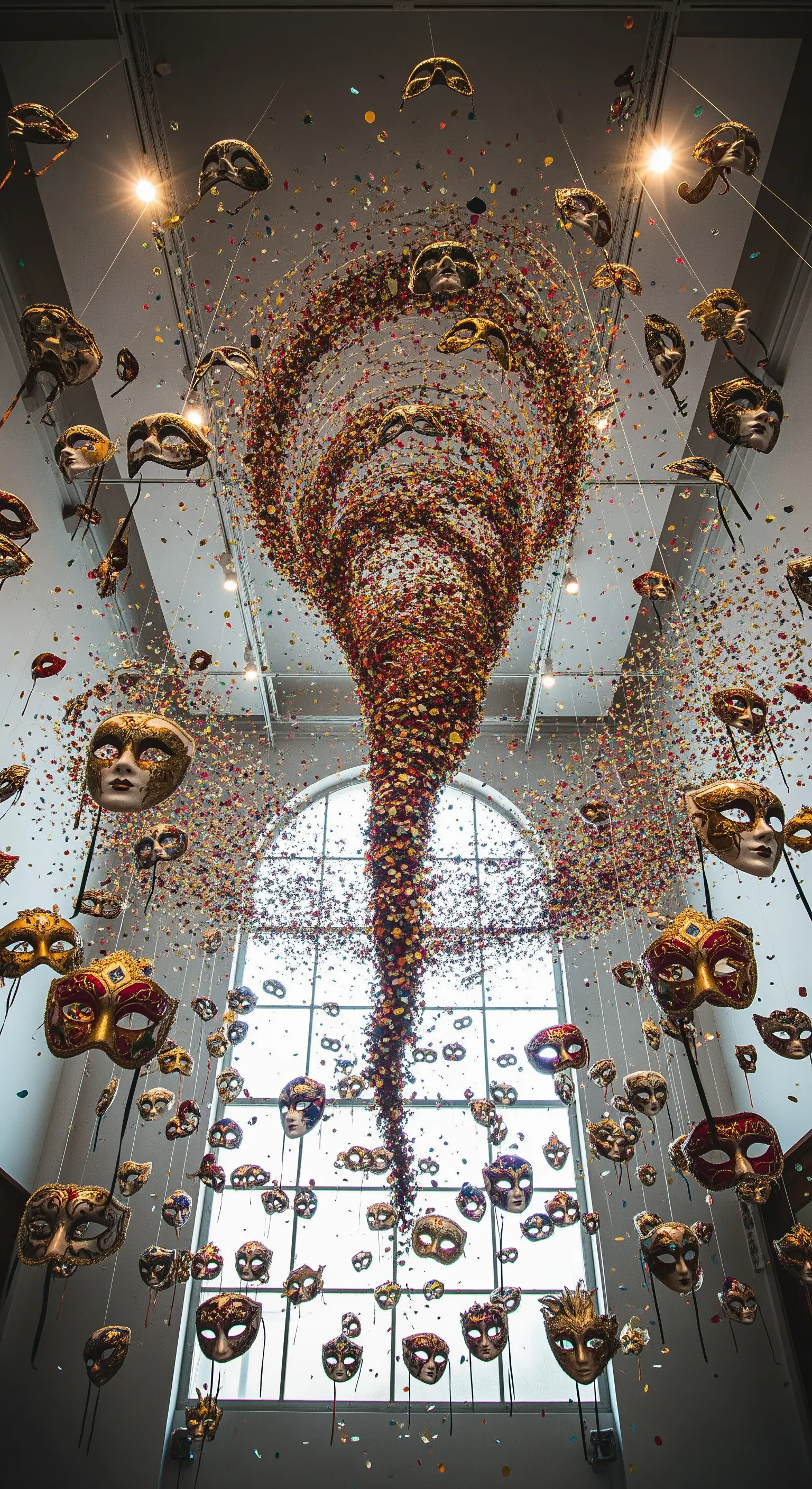 Installazione artistica con centinaia di maschere e coriandoli sospesi dal soffitto.