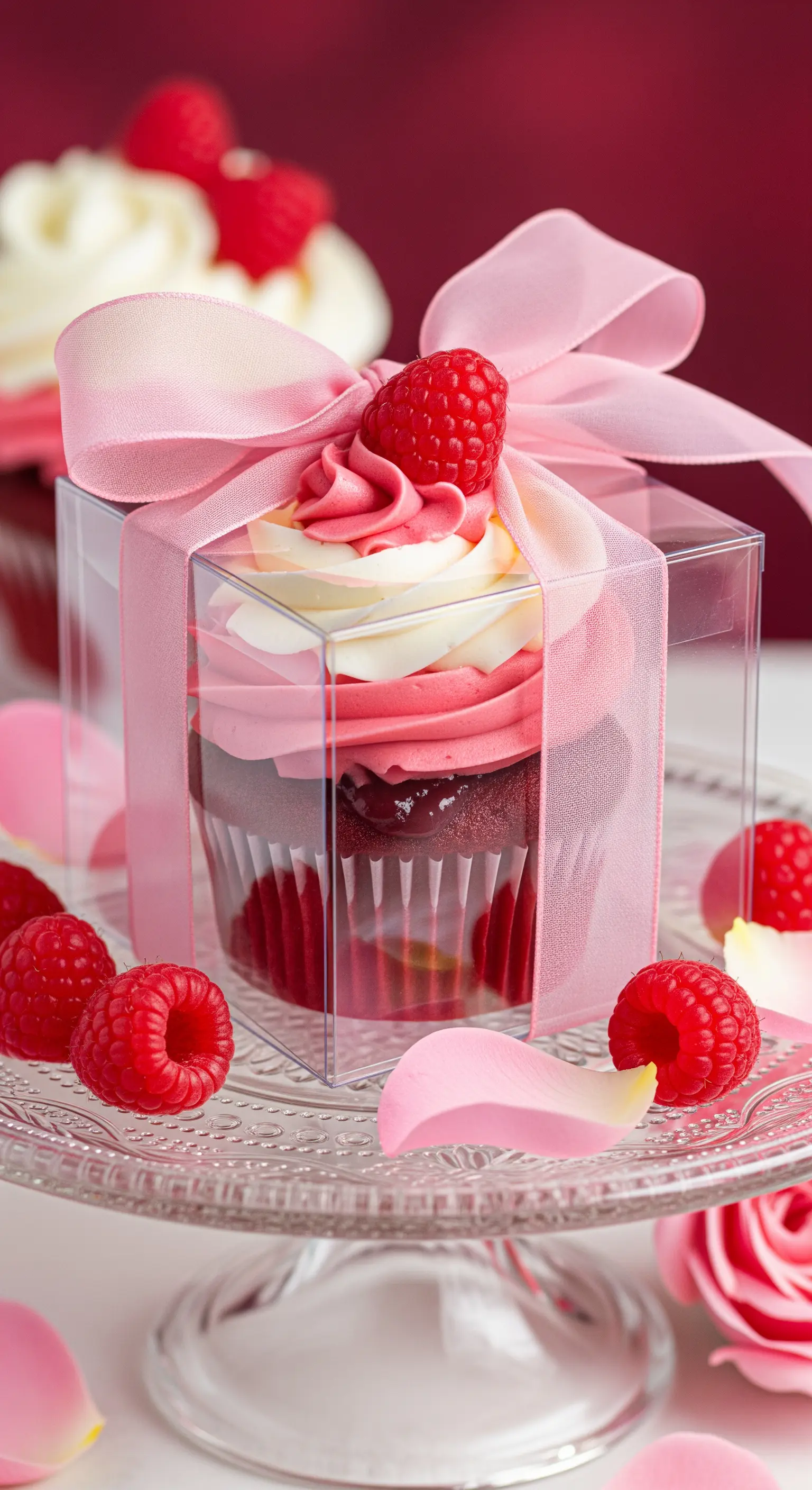 Cupcake variegato al lampone, confezionato con nastro di organza rosa e un lampone fresco.