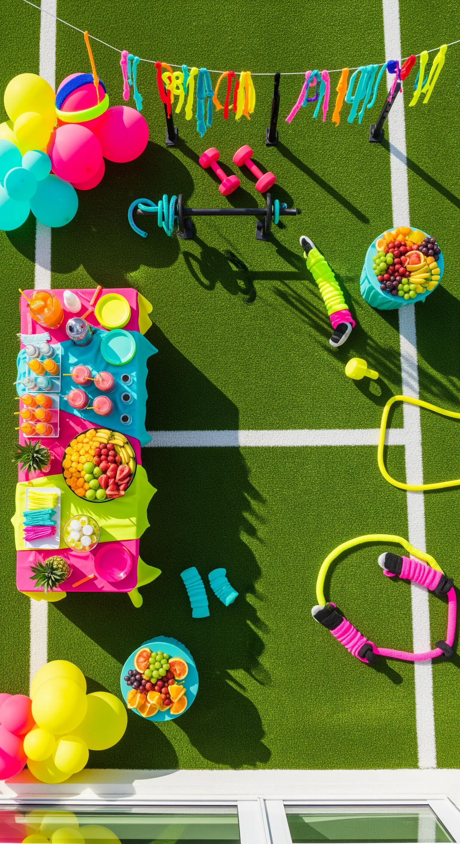 Allestimento festa a tema fitness anni '80 visto dall'alto, con frutta, palloncini e attrezzi fluo.