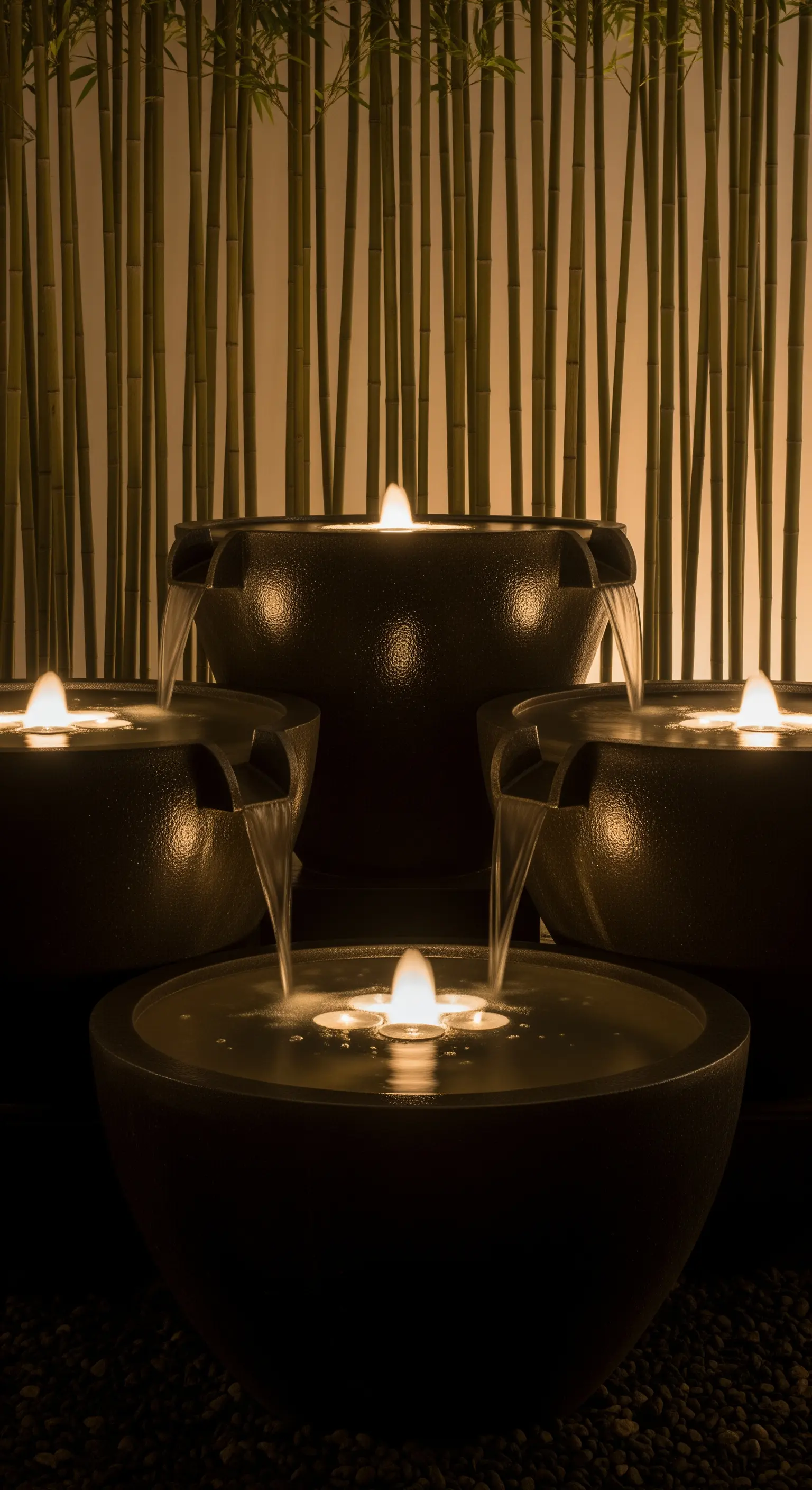 Fontana zen a più livelli con candele accese e uno sfondo di canne di bambù.