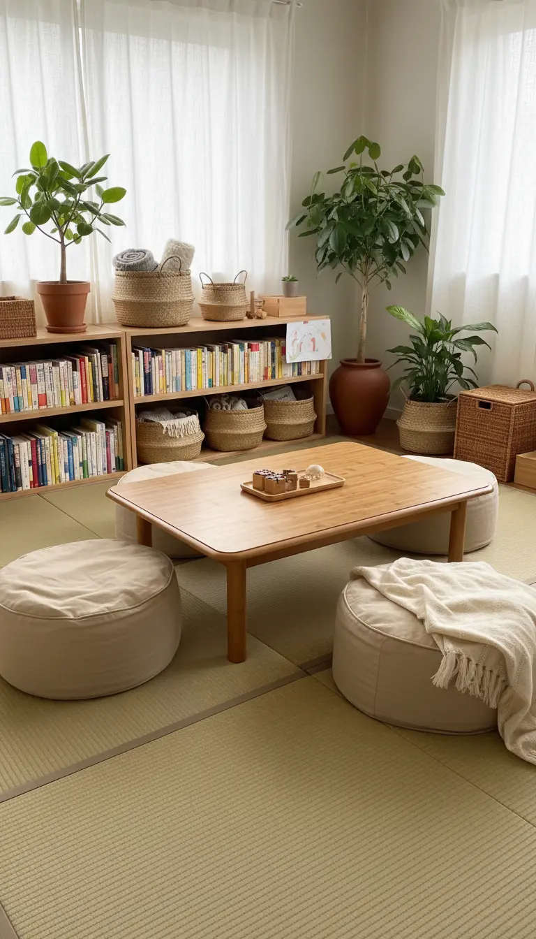 Salotto accogliente con tatami, librerie basse, pouf e molte piante verdi.