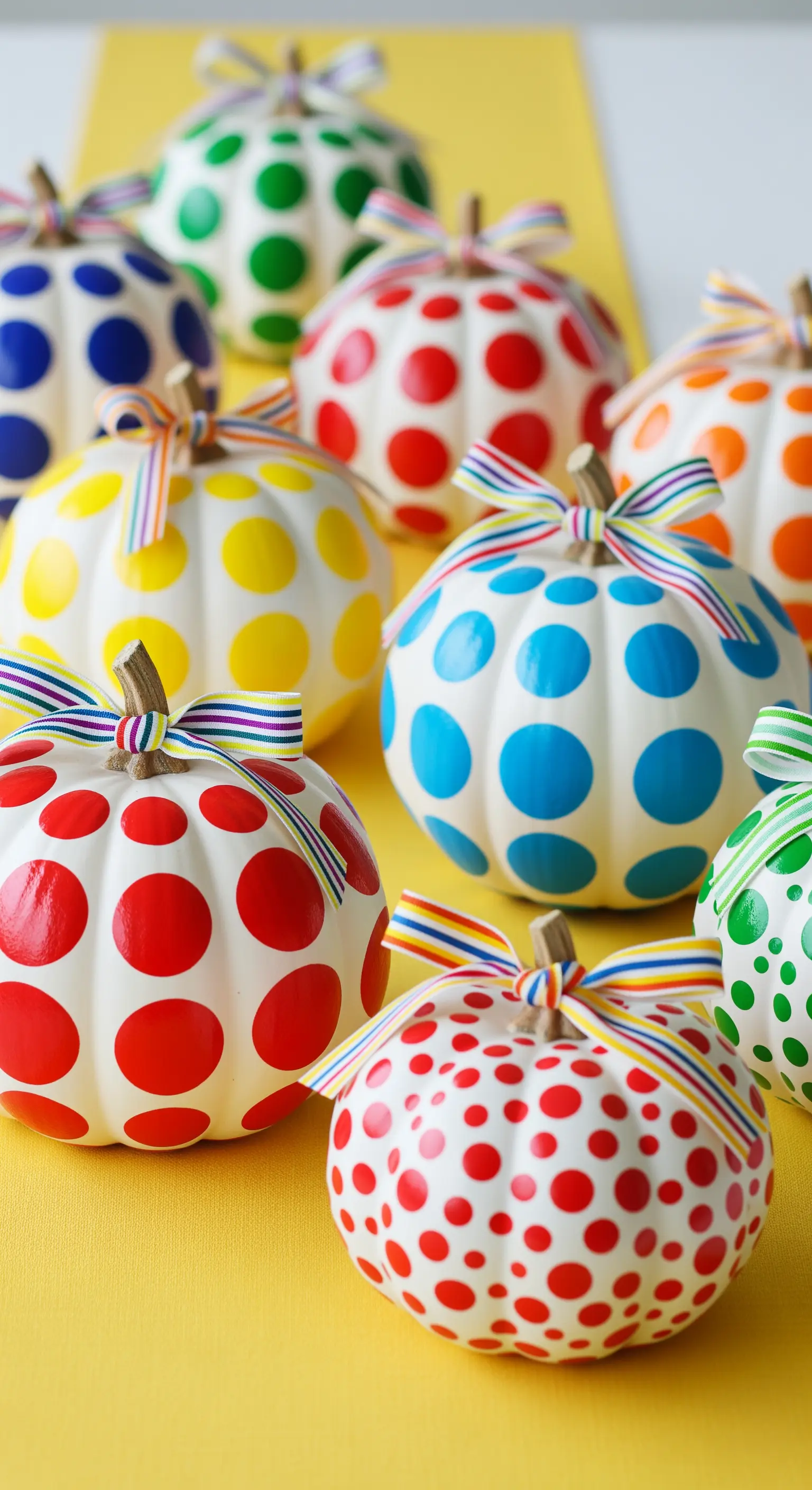 Zucche bianche decorate con pois multicolori e fiocchi a righe arcobaleno.
