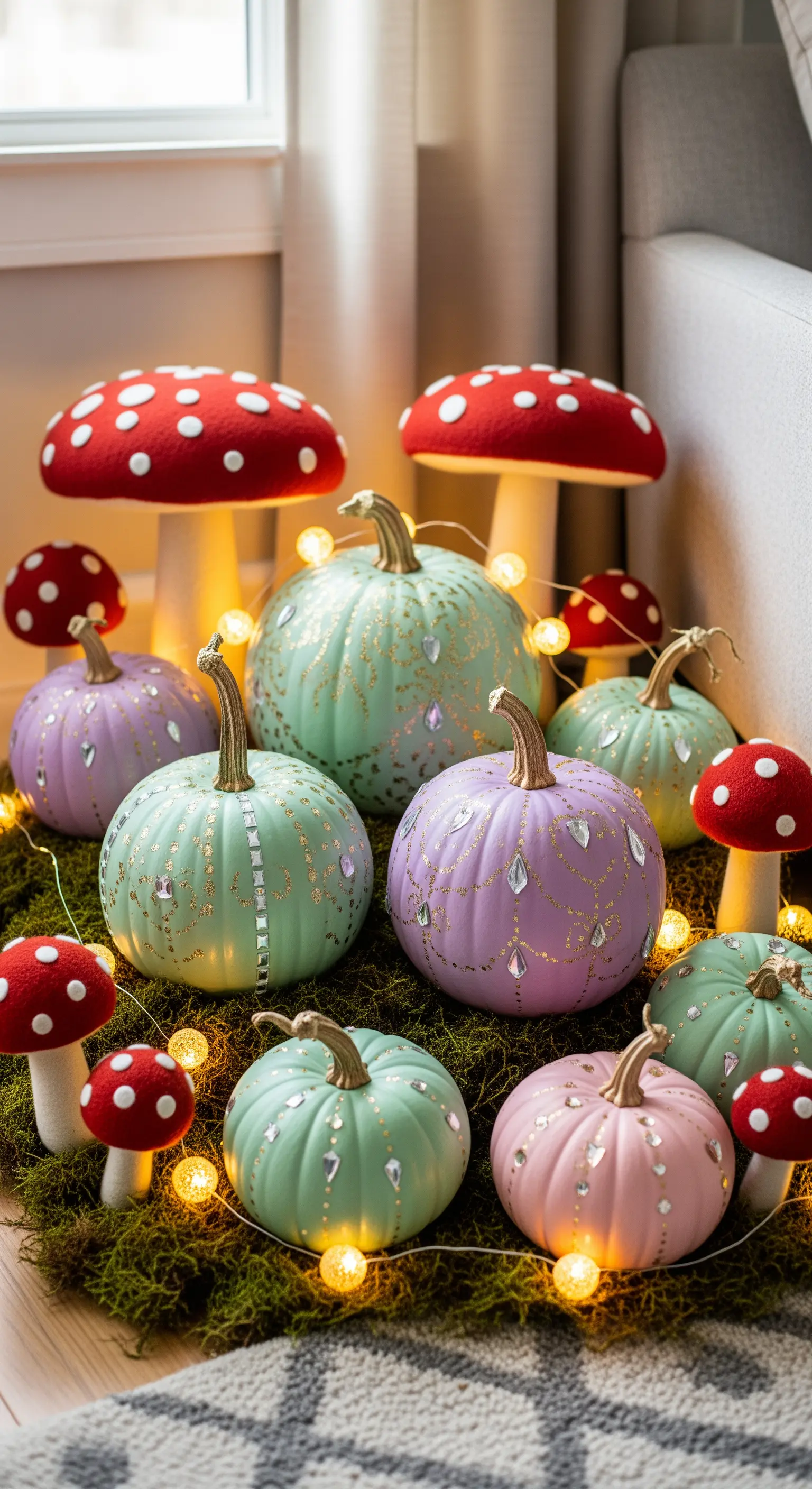 Zucche di Halloween dipinte in colori pastello e decorate con gemme e lucine.