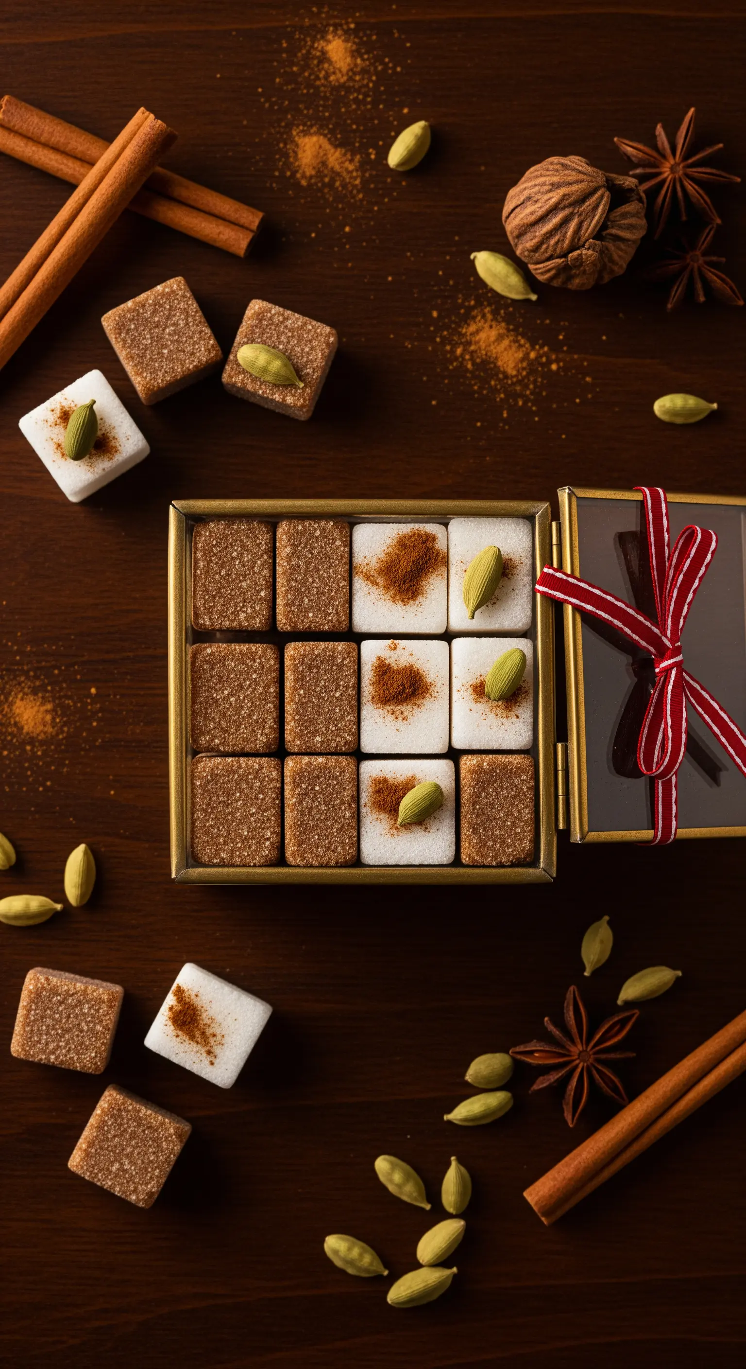 Scatola dorata con zollette di zucchero bianco e di canna, decorate con cannella e cardamomo.