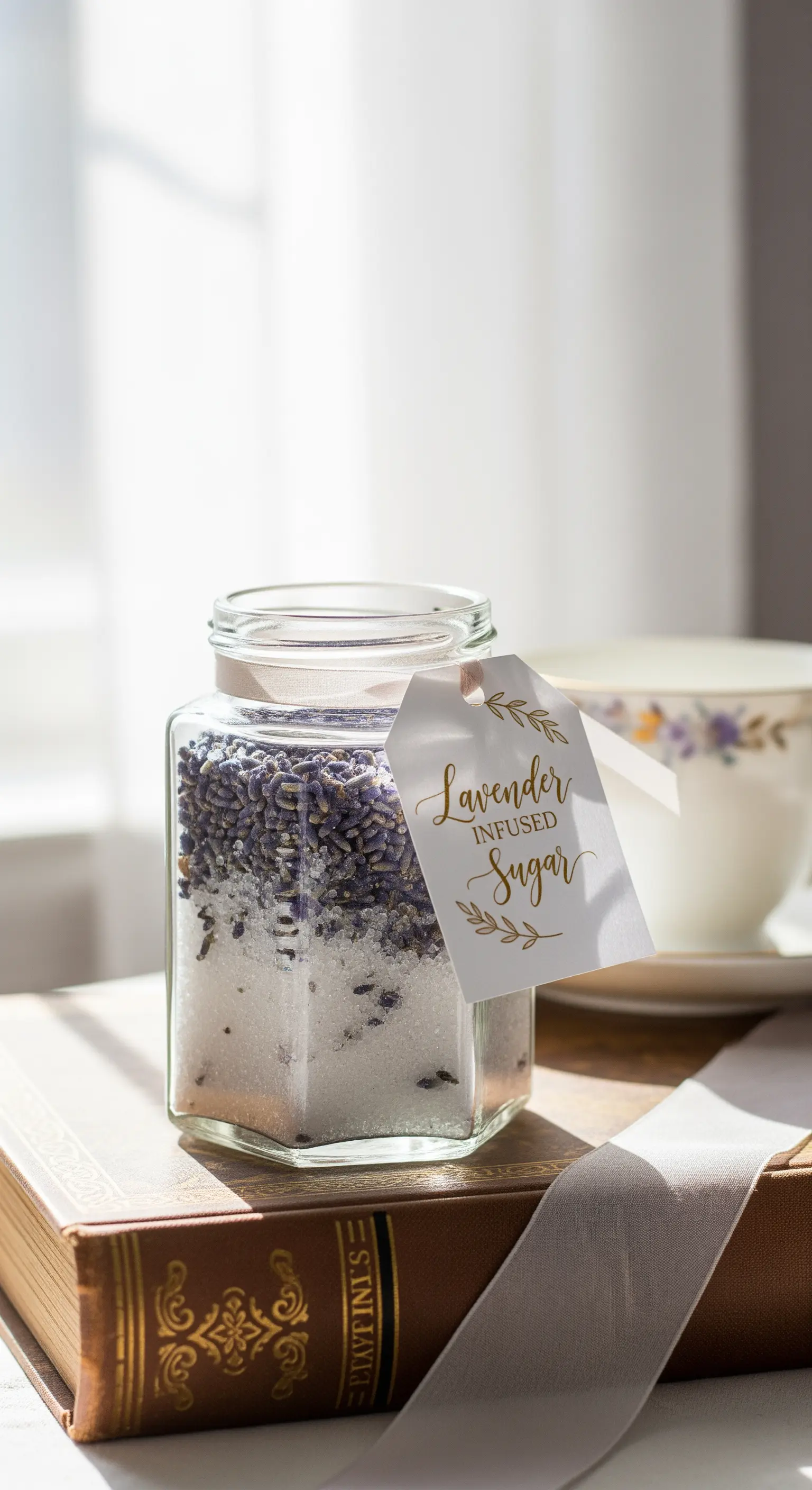 Zucchero alla lavanda in un barattolo di vetro, appoggiato su un libro antico.