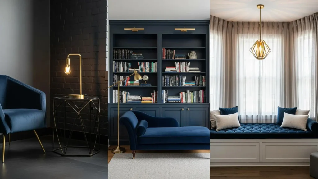 Tre eleganti angoli con arredi in velluto blu notte e lampade dorate per un tocco sofisticato.