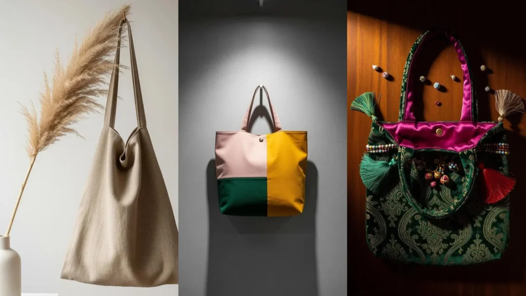 Tre borse shopper artigianali da vecchie tende e tessuti riciclati, che mostrano creatività e riuso.