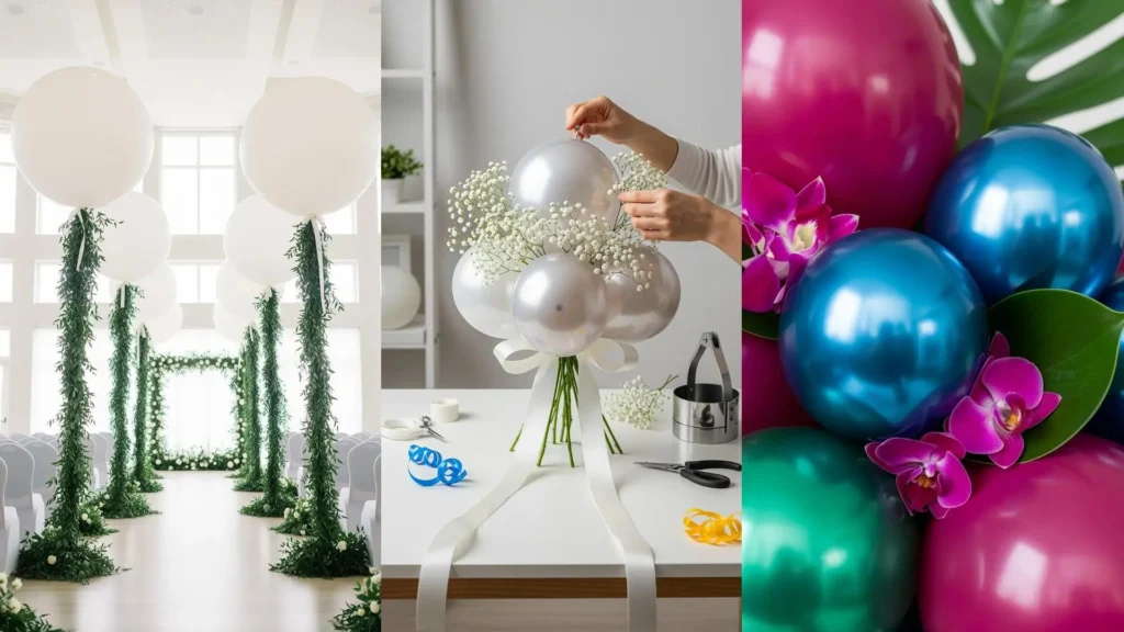 Bouquet di palloncini bianchi e colorati con tocchi floreali per matrimoni e anniversari, ideali per decorazioni eleganti.