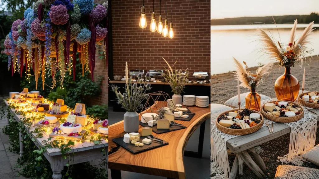 Scena di buffet rustico con tavoli di legno, varietà di formaggi e eleganti fiori secchi, per un ricevimento unico.
