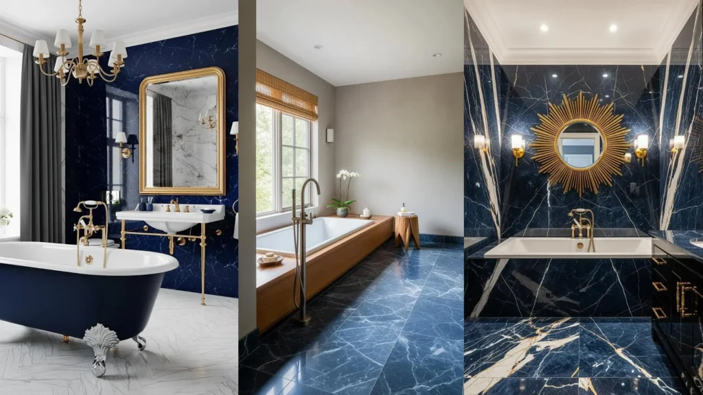 Tre lussuosi bagni con pareti e pavimenti in marmo blu notte, rubinetteria e dettagli dorati che creano un ambiente sofisticato.