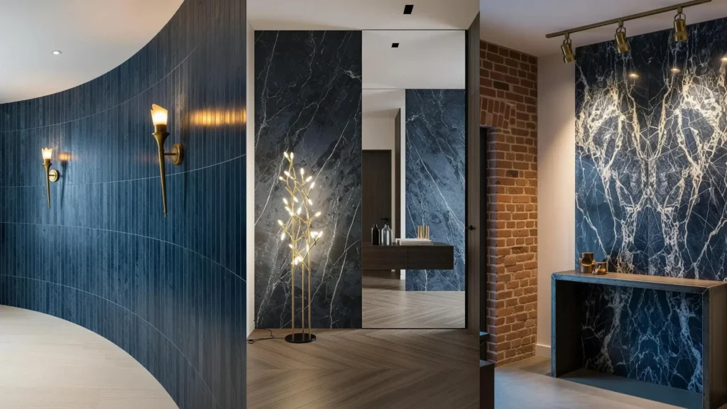 Ingressi sofisticati con pareti in marmo blu notte e rivestimenti, arricchiti da lampade dorate e dettagli di lusso.