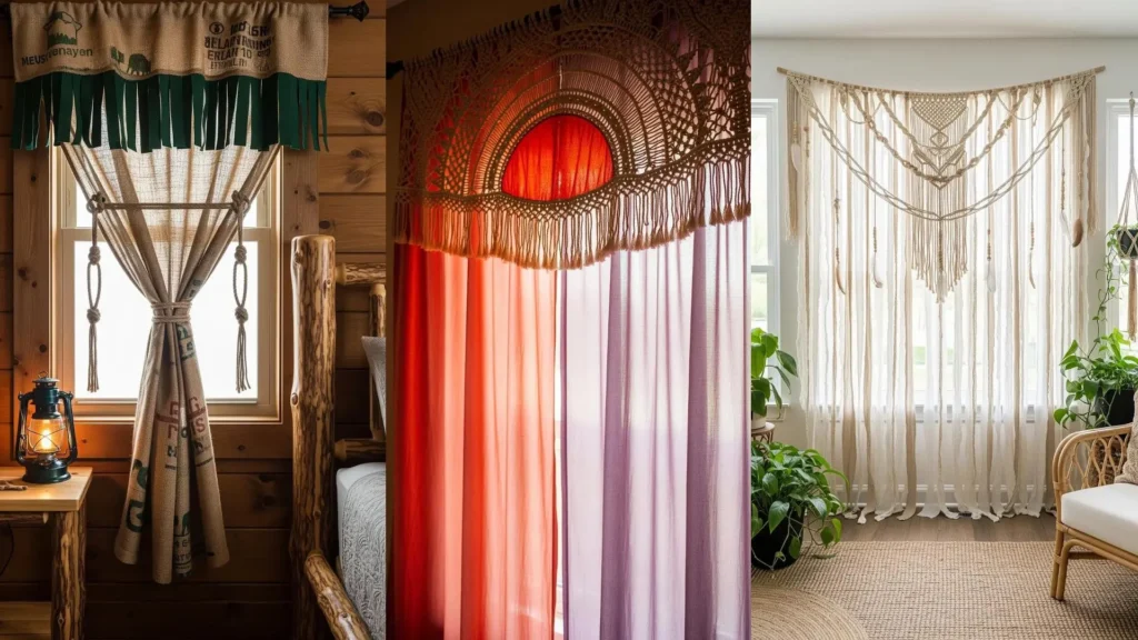 Interni bohémien con tende uniche: tessuti riciclati, macrame e dettagli creativi per decorare le finestre.