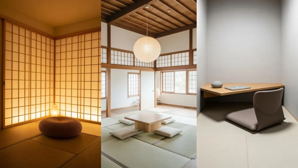 Tre ritiri zen con tatami, tavolini bassi e palette neutre, ideali per la concentrazione e la meditazione.